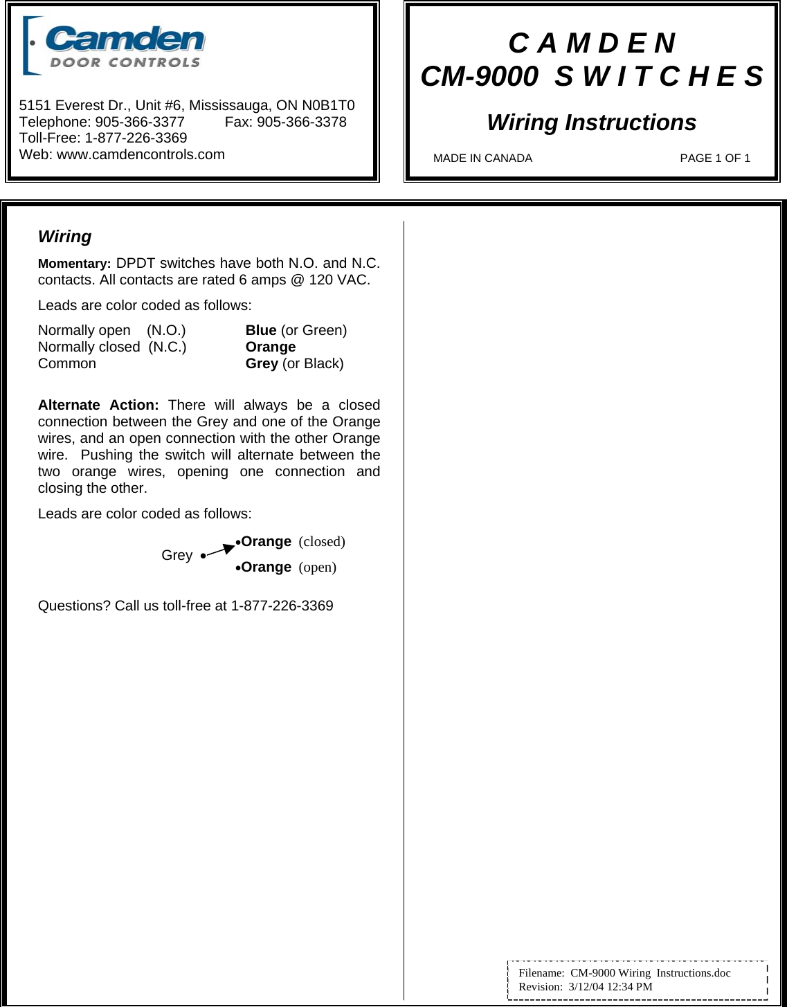 Camden 9080 Wiring Instructions CM 9000 Switches CM9000