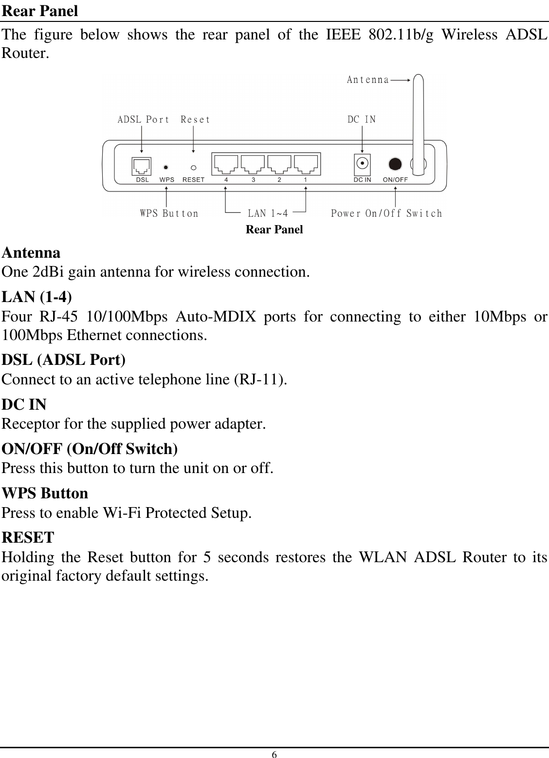 6 Rear Panel The  figure  below  shows  the  rear  panel  of  the  IEEE  802.11b/g  Wireless  ADSL Router.  Rear Panel Antenna One 2dBi gain antenna for wireless connection. LAN (1-4) Four  RJ-45  10/100Mbps  Auto-MDIX  ports  for  connecting  to  either  10Mbps  or 100Mbps Ethernet connections. DSL (ADSL Port) Connect to an active telephone line (RJ-11). DC IN Receptor for the supplied power adapter. ON/OFF (On/Off Switch) Press this button to turn the unit on or off. WPS Button Press to enable Wi-Fi Protected Setup. RESET Holding the  Reset button  for  5  seconds  restores  the  WLAN  ADSL Router to its original factory default settings. 