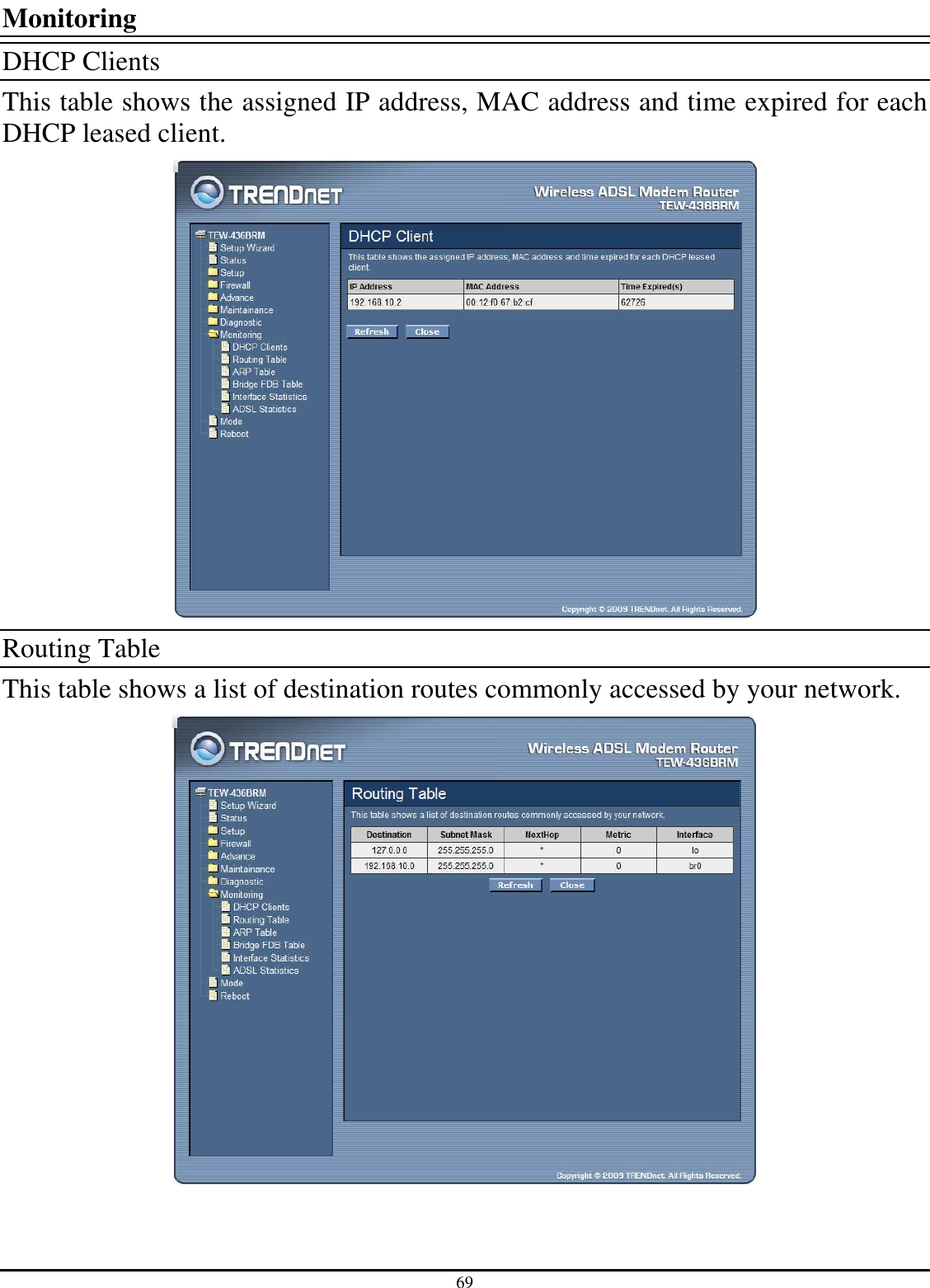 69 Monitoring DHCP Clients This table shows the assigned IP address, MAC address and time expired for each DHCP leased client.  Routing Table This table shows a list of destination routes commonly accessed by your network.  