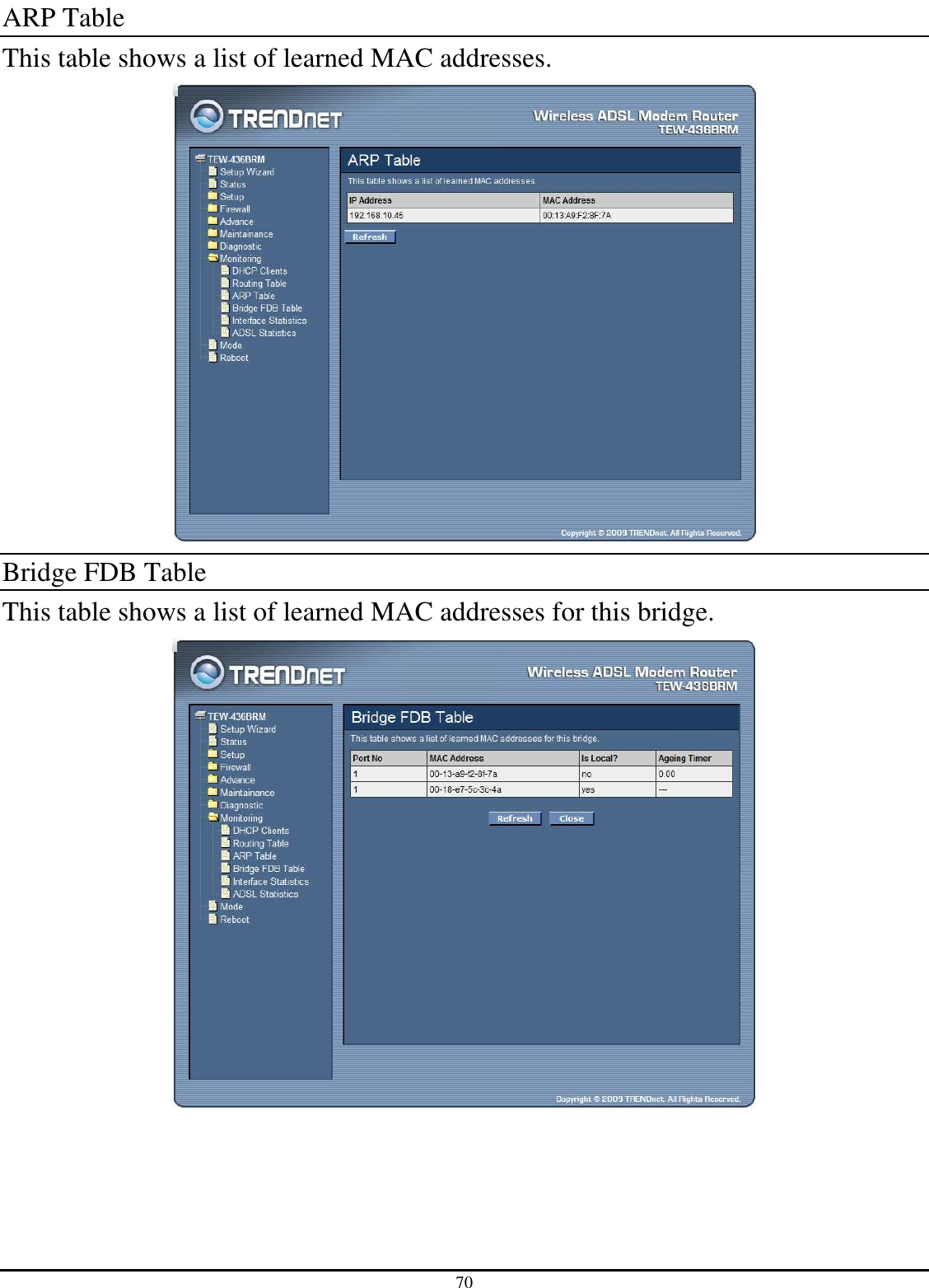 70 ARP Table This table shows a list of learned MAC addresses.  Bridge FDB Table This table shows a list of learned MAC addresses for this bridge.  