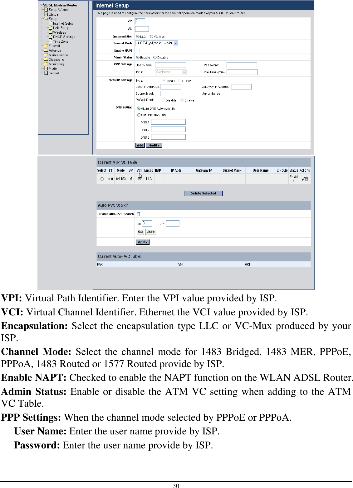 30   VPI: Virtual Path Identifier. Enter the VPI value provided by ISP. VCI: Virtual Channel Identifier. Ethernet the VCI value provided by ISP. Encapsulation: Select the encapsulation type LLC or VC-Mux produced by your ISP. Channel  Mode: Select the channel mode for 1483 Bridged, 1483 MER, PPPoE, PPPoA, 1483 Routed or 1577 Routed provide by ISP. Enable NAPT: Checked to enable the NAPT function on the WLAN ADSL Router. Admin Status: Enable or disable the ATM VC setting when adding to the ATM VC Table. PPP Settings: When the channel mode selected by PPPoE or PPPoA. User Name: Enter the user name provide by ISP. Password: Enter the user name provide by ISP. 