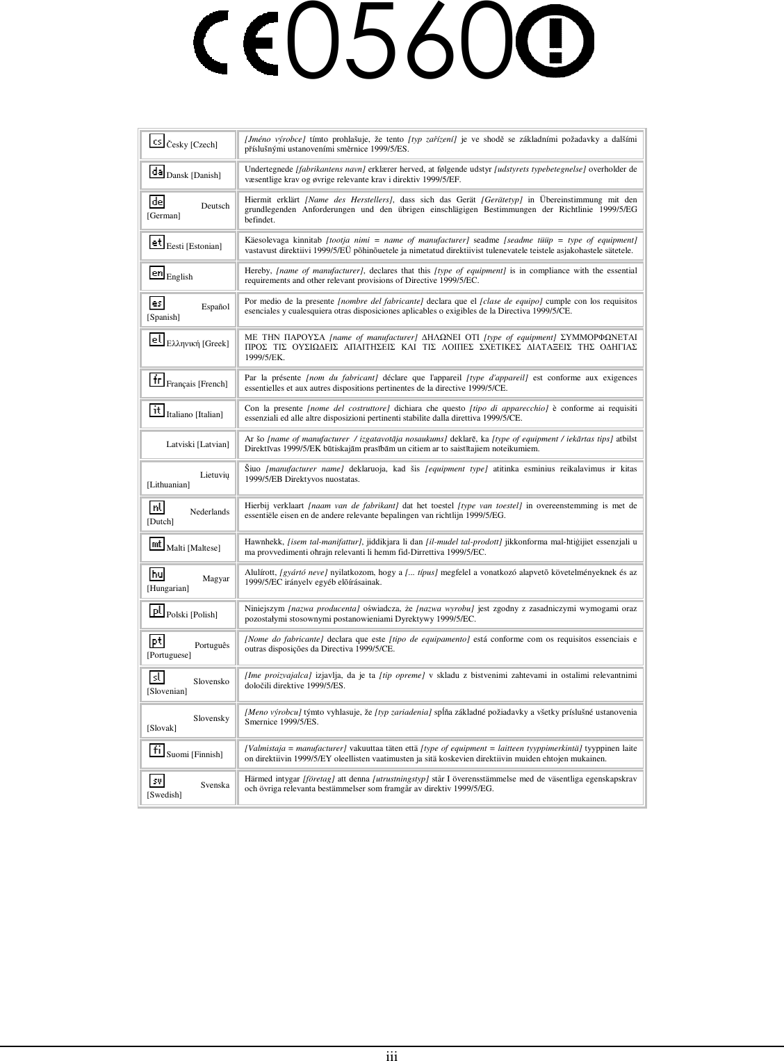  iii 0560  Česky [Czech]  [Jméno  výrobce]  tímto  prohlašuje,  že  tento  [typ  zařízení]  je  ve  shodě  se  základními  požadavky  a  dalšími příslušnými ustanoveními směrnice 1999/5/ES. Dansk [Danish]  Undertegnede [fabrikantens navn] erklærer herved, at følgende udstyr [udstyrets typebetegnelse] overholder de væsentlige krav og øvrige relevante krav i direktiv 1999/5/EF. Deutsch [German] Hiermit  erklärt  [Name  des  Herstellers],  dass  sich  das  Gerät  [Gerätetyp]  in  Übereinstimmung  mit  den grundlegenden  Anforderungen  und  den  übrigen  einschlägigen  Bestimmungen  der  Richtlinie  1999/5/EG befindet. Eesti [Estonian]  Käesolevaga  kinnitab  [tootja  nimi  =  name  of  manufacturer]  seadme  [seadme  tüüp  =  type  of  equipment] vastavust direktiivi 1999/5/EÜ põhinõuetele ja nimetatud direktiivist tulenevatele teistele asjakohastele sätetele. English  Hereby,  [name  of  manufacturer],  declares  that  this  [type  of  equipment]  is  in  compliance  with  the  essential requirements and other relevant provisions of Directive 1999/5/EC. Español [Spanish] Por medio de la presente [nombre del fabricante] declara que el [clase de equipo] cumple con los requisitos esenciales y cualesquiera otras disposiciones aplicables o exigibles de la Directiva 1999/5/CE. Ελληνική [Greek] ΜΕ ΤΗΝ ΠΑΡΟΥΣΑ  [name  of  manufacturer]  ∆ΗΛΩΝΕΙ ΟΤΙ  [type  of  equipment]  ΣΥΜΜΟΡΦΩΝΕΤΑΙ ΠΡΟΣ ΤΙΣ ΟΥΣΙΩ∆ΕΙΣ ΑΠΑΙΤΗΣΕΙΣ ΚΑΙ ΤΙΣ ΛΟΙΠΕΣ ΣΧΕΤΙΚΕΣ ∆ΙΑΤΑΞΕΙΣ ΤΗΣ Ο∆ΗΓΙΑΣ 1999/5/ΕΚ. Français [French] Par  la  présente  [nom  du  fabricant]  déclare  que  l&apos;appareil  [type  d&apos;appareil]  est  conforme  aux  exigences essentielles et aux autres dispositions pertinentes de la directive 1999/5/CE. Italiano [Italian]  Con  la  presente  [nome  del  costruttore]  dichiara  che  questo  [tipo  di  apparecchio]  è  conforme  ai  requisiti essenziali ed alle altre disposizioni pertinenti stabilite dalla direttiva 1999/5/CE. Latviski [Latvian] Ar šo [name of manufacturer  / izgatavotāja nosaukums] deklarē, ka [type of equipment / iekārtas tips] atbilst Direktīvas 1999/5/EK būtiskajām prasībām un citiem ar to saistītajiem noteikumiem. Lietuvių [Lithuanian]  Šiuo  [manufacturer  name]  deklaruoja,  kad  šis  [equipment  type]  atitinka  esminius  reikalavimus  ir  kitas 1999/5/EB Direktyvos nuostatas. Nederlands [Dutch] Hierbij  verklaart  [naam  van  de  fabrikant]  dat  het  toestel  [type  van  toestel]  in  overeenstemming  is  met  de essentiële eisen en de andere relevante bepalingen van richtlijn 1999/5/EG. Malti [Maltese]  Hawnhekk, [isem tal-manifattur], jiddikjara li dan [il-mudel tal-prodott] jikkonforma mal-ħtiġijiet essenzjali u ma provvedimenti oħrajn relevanti li hemm fid-Dirrettiva 1999/5/EC. Magyar [Hungarian] Alulírott, [gyártó neve] nyilatkozom, hogy a [... típus] megfelel a vonatkozó alapvetõ követelményeknek és az 1999/5/EC irányelv egyéb elõírásainak. Polski [Polish]  Niniejszym [nazwa  producenta] oświadcza,  że [nazwa  wyrobu]  jest zgodny z  zasadniczymi wymogami oraz pozostałymi stosownymi postanowieniami Dyrektywy 1999/5/EC. Português [Portuguese] [Nome  do  fabricante]  declara que  este  [tipo  de  equipamento]  está  conforme  com  os  requisitos  essenciais  e outras disposições da Directiva 1999/5/CE. Slovensko [Slovenian] [Ime  proizvajalca]  izjavlja,  da  je  ta  [tip  opreme]  v  skladu  z  bistvenimi  zahtevami  in  ostalimi  relevantnimi določili direktive 1999/5/ES. Slovensky [Slovak] [Meno výrobcu] týmto vyhlasuje, že [typ zariadenia] spĺňa základné požiadavky a všetky príslušné ustanovenia Smernice 1999/5/ES. Suomi [Finnish]  [Valmistaja = manufacturer] vakuuttaa täten että [type of equipment = laitteen tyyppimerkintä] tyyppinen laite on direktiivin 1999/5/EY oleellisten vaatimusten ja sitä koskevien direktiivin muiden ehtojen mukainen. Svenska [Swedish] Härmed intygar [företag] att denna [utrustningstyp] står I överensstämmelse med de väsentliga egenskapskrav och övriga relevanta bestämmelser som framgår av direktiv 1999/5/EG.  