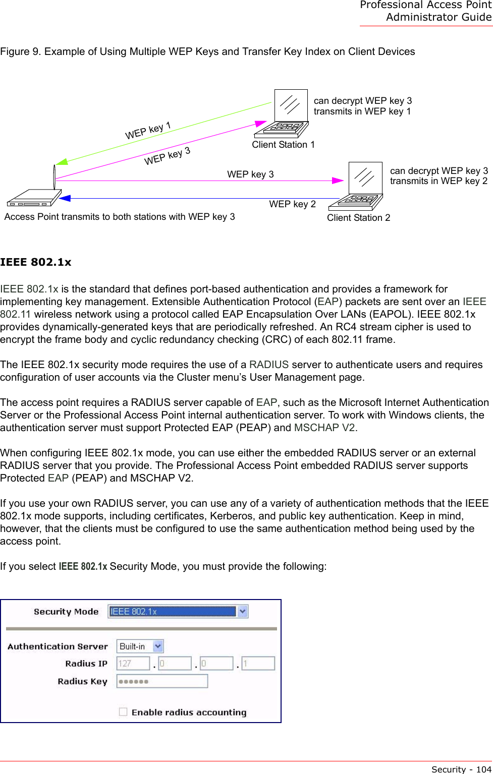 Professional Access Point Administrator GuideSecurity - 104Figure 9. Example of Using Multiple WEP Keys and Transfer Key Index on Client DevicesIEEE 802.1xIEEE 802.1x is the standard that defines port-based authentication and provides a framework for implementing key management. Extensible Authentication Protocol (EAP) packets are sent over an IEEE 802.11 wireless network using a protocol called EAP Encapsulation Over LANs (EAPOL). IEEE 802.1x provides dynamically-generated keys that are periodically refreshed. An RC4 stream cipher is used to encrypt the frame body and cyclic redundancy checking (CRC) of each 802.11 frame.The IEEE 802.1x security mode requires the use of a RADIUS server to authenticate users and requires configuration of user accounts via the Cluster menu’s User Management page.The access point requires a RADIUS server capable of EAP, such as the Microsoft Internet Authentication Server or the Professional Access Point internal authentication server. To work with Windows clients, the authentication server must support Protected EAP (PEAP) and MSCHAP V2.When configuring IEEE 802.1x mode, you can use either the embedded RADIUS server or an external RADIUS server that you provide. The Professional Access Point embedded RADIUS server supports Protected EAP (PEAP) and MSCHAP V2.If you use your own RADIUS server, you can use any of a variety of authentication methods that the IEEE 802.1x mode supports, including certificates, Kerberos, and public key authentication. Keep in mind, however, that the clients must be configured to use the same authentication method being used by the access point. If you select IEEE 802.1x Security Mode, you must provide the following:Access Point transmits to both stations with WEP key 3Client Station 1Client Station 2WEP key 3WEP key 3WEP key 2WEP key 1can decrypt WEP key 3transmits in WEP key 1can decrypt WEP key 3transmits in WEP key 2