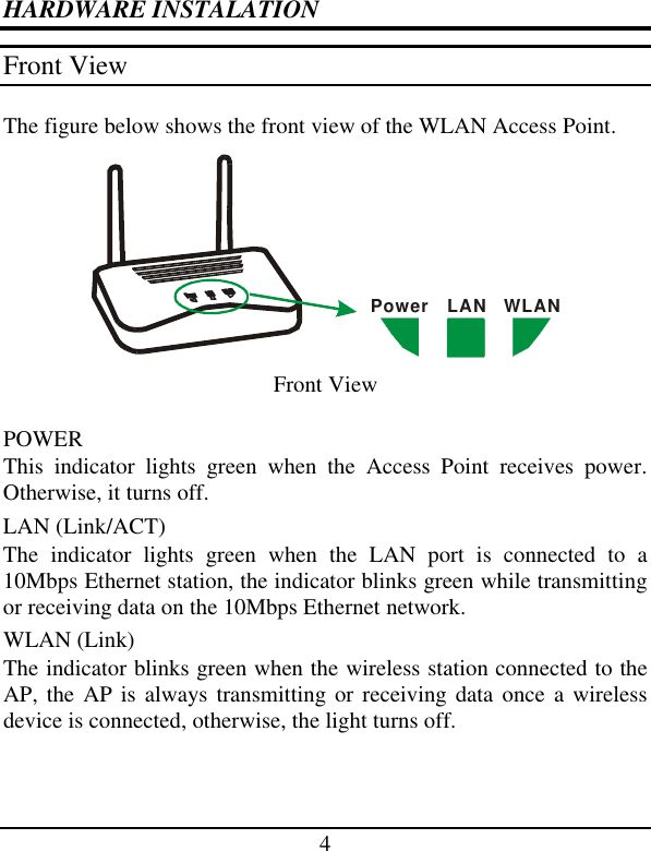 4 HARDWARE INSTALATION Front View The figure below shows the front view of the WLAN Access Point. PowerLAN WLAN Front View POWER This indicator lights green when the Access Point receives power. Otherwise, it turns off. LAN (Link/ACT) The indicator lights green when the LAN port is connected to a 10Mbps Ethernet station, the indicator blinks green while transmitting or receiving data on the 10Mbps Ethernet network. WLAN (Link) The indicator blinks green when the wireless station connected to the AP, the AP is always transmitting or receiving data once a wireless device is connected, otherwise, the light turns off. 