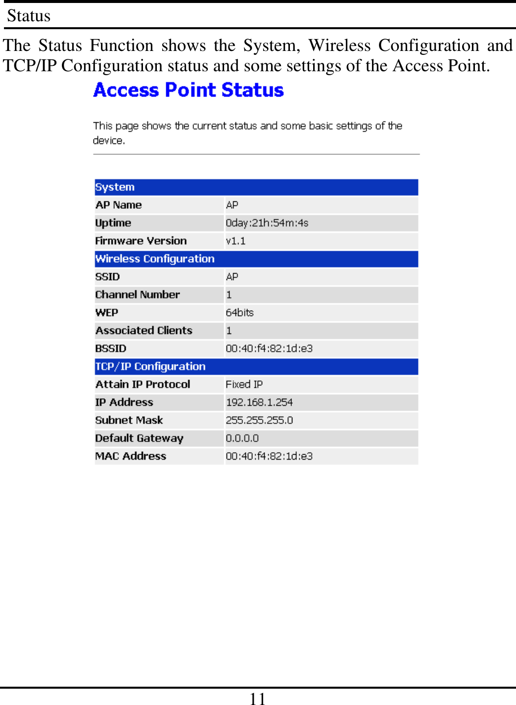  11 Status The Status Function shows the System, Wireless Configuration and TCP/IP Configuration status and some settings of the Access Point.         