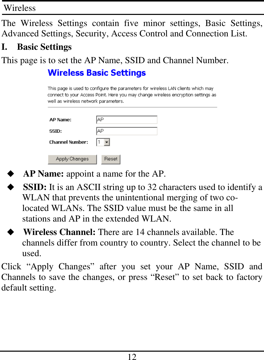 12 Wireless The Wireless Settings contain five minor settings, Basic Settings, Advanced Settings, Security, Access Control and Connection List. I. Basic Settings This page is to set the AP Name, SSID and Channel Number.    AP Name: appoint a name for the AP.  SSID: It is an ASCII string up to 32 characters used to identify a WLAN that prevents the unintentional merging of two co-located WLANs. The SSID value must be the same in all stations and AP in the extended WLAN.  Wireless Channel: There are 14 channels available. The channels differ from country to country. Select the channel to be used. Click “Apply Changes” after you set your AP Name, SSID and Channels to save the changes, or press “Reset” to set back to factory default setting.    