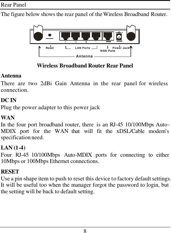 8 Rear Panel The figure below shows the rear panel of the Wireless Broadband Router. LAN Ports WAN PortsPower JackResetAntenna Wireless Broadband Router Rear Panel Antenna There are two 2dBi Gain Antenna in the rear panel for wireless connection. DC IN Plug the power adapter to this power jack WAN In the four port broadband router, there  is an RJ-45  10/100Mbps Auto-MDIX  port for the WAN that will fit the xDSL/Cable modem’s specification need. LAN (1-4) Four  RJ-45 10/100Mbps  Auto-MDIX ports for connecting to either 10Mbps or 100Mbps Ethernet connections. RESET Use a pin-shape item to push to reset this device to factory default settings. It will be useful too when the manager forgot the password to login, but the setting will be back to default setting. 