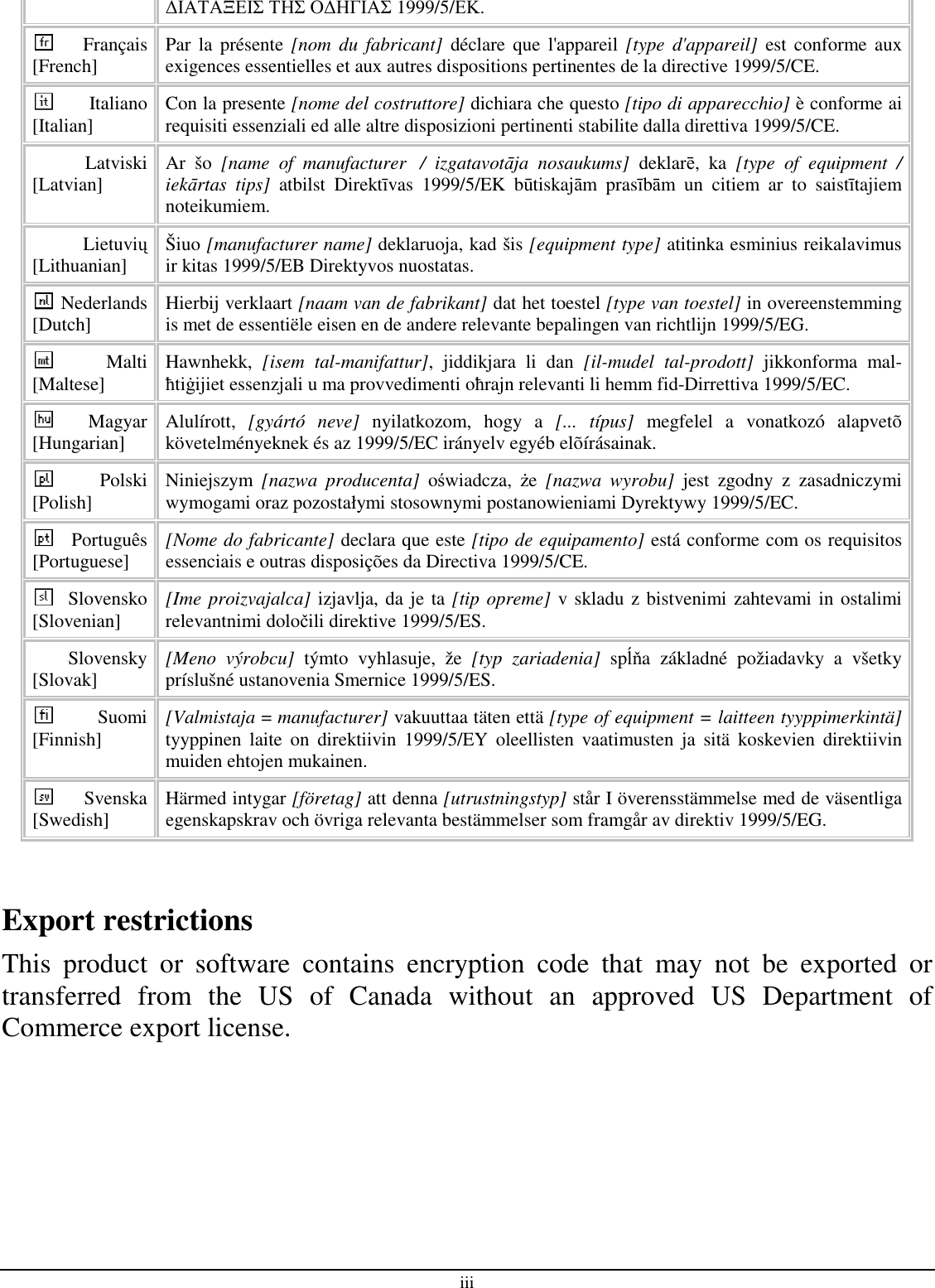 iii ∆ΙΑΤΑΞΕΙΣ ΤΗΣ Ο∆ΗΓΙΑΣ 1999/5/ΕΚ. Français [French]  Par  la  présente [nom  du  fabricant]  déclare  que  l&apos;appareil [type  d&apos;appareil]  est  conforme aux exigences essentielles et aux autres dispositions pertinentes de la directive 1999/5/CE. Italiano [Italian]  Con la presente [nome del costruttore] dichiara che questo [tipo di apparecchio] è conforme ai requisiti essenziali ed alle altre disposizioni pertinenti stabilite dalla direttiva 1999/5/CE. Latviski [Latvian]  Ar  šo  [name  of  manufacturer   /  izgatavotāja  nosaukums]  deklarē,  ka  [type  of  equipment  / iekārtas  tips]  atbilst  Direktīvas  1999/5/EK  būtiskajām  prasībām  un  citiem  ar  to  saistītajiem noteikumiem. Lietuvių [Lithuanian]   Šiuo [manufacturer name] deklaruoja, kad šis [equipment type] atitinka esminius reikalavimus ir kitas 1999/5/EB Direktyvos nuostatas. Nederlands [Dutch]  Hierbij verklaart [naam van de fabrikant] dat het toestel [type van toestel] in overeenstemming is met de essentiële eisen en de andere relevante bepalingen van richtlijn 1999/5/EG. Malti [Maltese]  Hawnhekk,  [isem  tal-manifattur],  jiddikjara  li  dan  [il-mudel  tal-prodott]  jikkonforma  mal-ħtiġijiet essenzjali u ma provvedimenti oħrajn relevanti li hemm fid-Dirrettiva 1999/5/EC. Magyar [Hungarian]  Alulírott,  [gyártó  neve]  nyilatkozom,  hogy  a  [...  típus]  megfelel  a  vonatkozó  alapvetõ követelményeknek és az 1999/5/EC irányelv egyéb elõírásainak. Polski [Polish]  Niniejszym  [nazwa  producenta]  oświadcza,  że  [nazwa  wyrobu]  jest  zgodny  z  zasadniczymi wymogami oraz pozostałymi stosownymi postanowieniami Dyrektywy 1999/5/EC. Português [Portuguese]  [Nome do fabricante] declara que este [tipo de equipamento] está conforme com os requisitos essenciais e outras disposições da Directiva 1999/5/CE. Slovensko [Slovenian]  [Ime proizvajalca] izjavlja, da je ta [tip opreme] v skladu z bistvenimi zahtevami in ostalimi relevantnimi določili direktive 1999/5/ES. Slovensky [Slovak]  [Meno  výrobcu]  týmto  vyhlasuje,  že  [typ  zariadenia]  spĺňa  základné  požiadavky  a  všetky príslušné ustanovenia Smernice 1999/5/ES. Suomi [Finnish]  [Valmistaja = manufacturer] vakuuttaa täten että [type of equipment = laitteen tyyppimerkintä] tyyppinen  laite  on  direktiivin  1999/5/EY  oleellisten  vaatimusten  ja  sitä  koskevien  direktiivin muiden ehtojen mukainen. Svenska [Swedish]  Härmed intygar [företag] att denna [utrustningstyp] står I överensstämmelse med de väsentliga egenskapskrav och övriga relevanta bestämmelser som framgår av direktiv 1999/5/EG.    Export restrictions This  product  or  software  contains  encryption  code  that  may  not  be  exported  or transferred  from  the  US  of  Canada  without  an  approved  US  Department  of Commerce export license. 