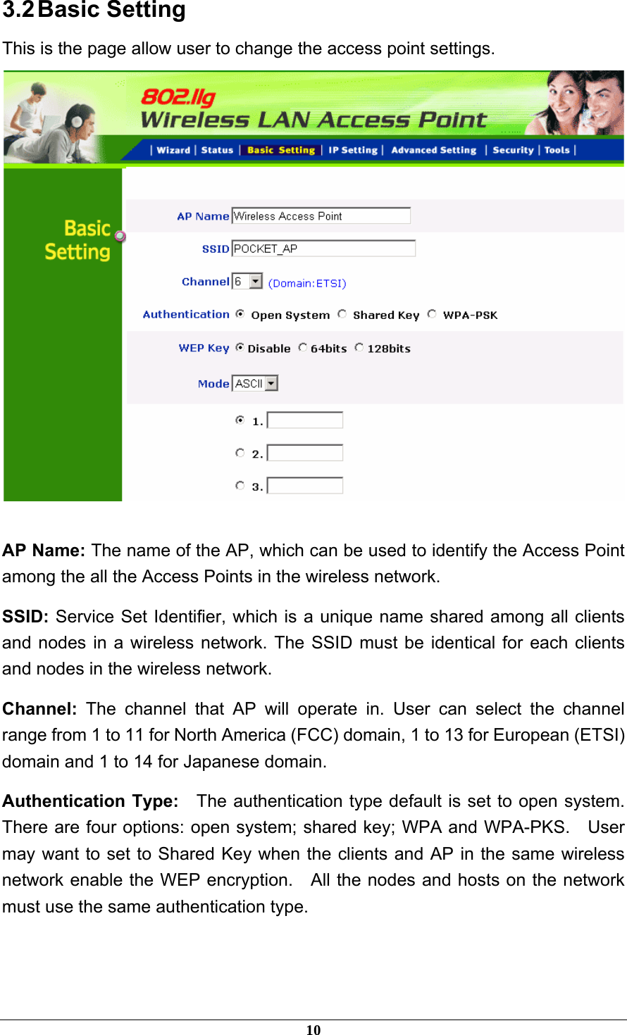 3.2 Basic  Setting This is the page allow user to change the access point settings.   AP Name: The name of the AP, which can be used to identify the Access Point among the all the Access Points in the wireless network. SSID: Service Set Identifier, which is a unique name shared among all clients and nodes in a wireless network. The SSID must be identical for each clients and nodes in the wireless network. Channel:  The channel that AP will operate in. User can select the channel range from 1 to 11 for North America (FCC) domain, 1 to 13 for European (ETSI) domain and 1 to 14 for Japanese domain. Authentication Type:    The authentication type default is set to open system.   There are four options: open system; shared key; WPA and WPA-PKS.    User may want to set to Shared Key when the clients and AP in the same wireless network enable the WEP encryption.    All the nodes and hosts on the network must use the same authentication type.       10 