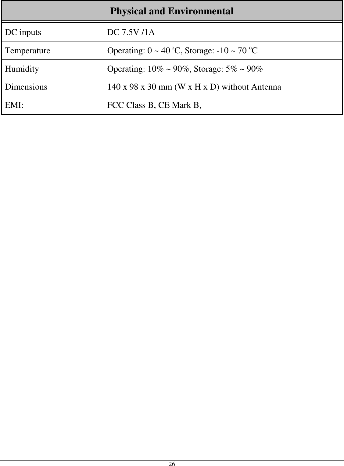  26  Physical and Environmental DC inputs  DC 7.5V /1A  Temperature  Operating: 0 ~ 40 oC, Storage: -10 ~ 70 oC Humidity  Operating: 10% ~ 90%, Storage: 5% ~ 90% Dimensions  140 x 98 x 30 mm (W x H x D) without Antenna EMI:  FCC Class B, CE Mark B,  