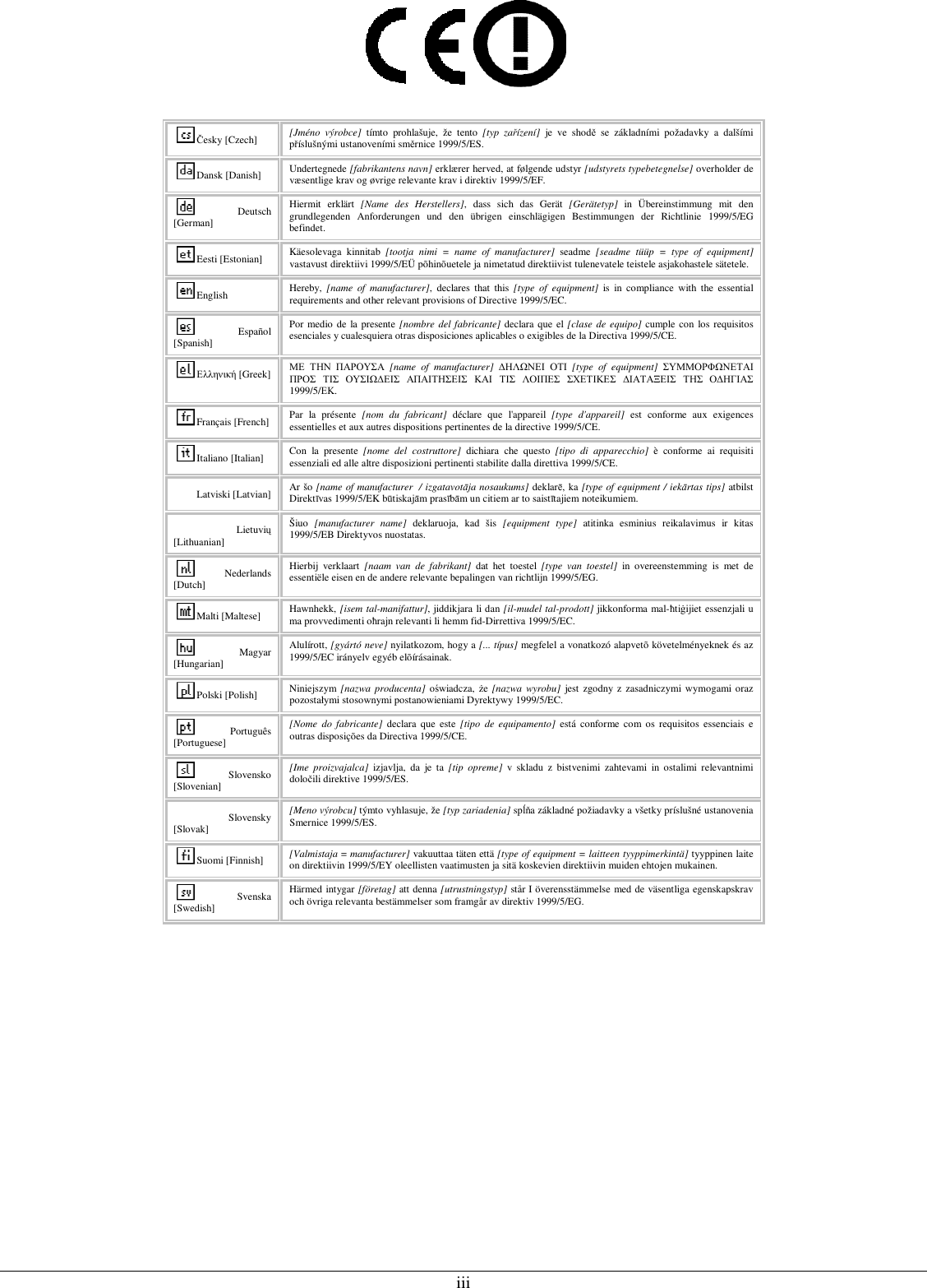  iii   Česky [Czech]  [Jméno  výrobce]  tímto  prohlašuje,  že  tento  [typ  zařízení]  je  ve  shodě  se  základními  požadavky  a  dalšími příslušnými ustanoveními směrnice 1999/5/ES. Dansk [Danish]  Undertegnede [fabrikantens navn] erklærer herved, at følgende udstyr [udstyrets typebetegnelse] overholder de væsentlige krav og øvrige relevante krav i direktiv 1999/5/EF. Deutsch [German] Hiermit  erklärt  [Name  des  Herstellers],  dass  sich  das  Gerät  [Gerätetyp]  in  Übereinstimmung  mit  den grundlegenden  Anforderungen  und  den  übrigen  einschlägigen  Bestimmungen  der  Richtlinie  1999/5/EG befindet. Eesti [Estonian]  Käesolevaga  kinnitab  [tootja  nimi  =  name  of  manufacturer]  seadme  [seadme  tüüp  =  type  of  equipment] vastavust direktiivi 1999/5/EÜ põhinõuetele ja nimetatud direktiivist tulenevatele teistele asjakohastele sätetele. English  Hereby,  [name  of  manufacturer],  declares  that  this  [type  of  equipment]  is  in  compliance  with  the  essential requirements and other relevant provisions of Directive 1999/5/EC. Español [Spanish] Por medio de la presente [nombre del fabricante] declara que el [clase de equipo] cumple con los requisitos esenciales y cualesquiera otras disposiciones aplicables o exigibles de la Directiva 1999/5/CE. Ελληνική [Greek] ΜΕ ΤΗΝ ΠΑΡΟΥΣΑ  [name  of  manufacturer]  ∆ΗΛΩΝΕΙ ΟΤΙ  [type  of  equipment]  ΣΥΜΜΟΡΦΩΝΕΤΑΙ ΠΡΟΣ ΤΙΣ ΟΥΣΙΩ∆ΕΙΣ ΑΠΑΙΤΗΣΕΙΣ ΚΑΙ ΤΙΣ ΛΟΙΠΕΣ ΣΧΕΤΙΚΕΣ ∆ΙΑΤΑΞΕΙΣ ΤΗΣ Ο∆ΗΓΙΑΣ 1999/5/ΕΚ. Français [French] Par  la  présente  [nom  du  fabricant]  déclare  que  l&apos;appareil  [type  d&apos;appareil]  est  conforme  aux  exigences essentielles et aux autres dispositions pertinentes de la directive 1999/5/CE. Italiano [Italian]  Con  la  presente  [nome  del  costruttore]  dichiara  che  questo  [tipo  di  apparecchio]  è  conforme  ai  requisiti essenziali ed alle altre disposizioni pertinenti stabilite dalla direttiva 1999/5/CE. Latviski [Latvian] Ar šo [name of manufacturer  / izgatavotāja nosaukums] deklarē, ka [type of equipment / iekārtas tips] atbilst Direktīvas 1999/5/EK būtiskajām prasībām un citiem ar to saistītajiem noteikumiem. Lietuvių [Lithuanian]  Šiuo  [manufacturer  name]  deklaruoja,  kad  šis  [equipment  type]  atitinka  esminius  reikalavimus  ir  kitas 1999/5/EB Direktyvos nuostatas. Nederlands [Dutch] Hierbij  verklaart  [naam  van  de  fabrikant]  dat  het  toestel  [type  van  toestel]  in  overeenstemming  is  met  de essentiële eisen en de andere relevante bepalingen van richtlijn 1999/5/EG. Malti [Maltese]  Hawnhekk, [isem tal-manifattur], jiddikjara li dan [il-mudel tal-prodott] jikkonforma mal-ħtiġijiet essenzjali u ma provvedimenti oħrajn relevanti li hemm fid-Dirrettiva 1999/5/EC. Magyar [Hungarian] Alulírott, [gyártó neve] nyilatkozom, hogy a [... típus] megfelel a vonatkozó alapvetõ követelményeknek és az 1999/5/EC irányelv egyéb elõírásainak. Polski [Polish]  Niniejszym [nazwa  producenta] oświadcza,  że [nazwa  wyrobu]  jest zgodny z  zasadniczymi wymogami oraz pozostałymi stosownymi postanowieniami Dyrektywy 1999/5/EC. Português [Portuguese] [Nome  do  fabricante]  declara que  este  [tipo  de equipamento]  está  conforme  com  os  requisitos  essenciais  e outras disposições da Directiva 1999/5/CE. Slovensko [Slovenian] [Ime  proizvajalca]  izjavlja,  da  je  ta  [tip  opreme]  v  skladu  z  bistvenimi  zahtevami  in  ostalimi  relevantnimi določili direktive 1999/5/ES. Slovensky [Slovak] [Meno výrobcu] týmto vyhlasuje, že [typ zariadenia] spĺňa základné požiadavky a všetky príslušné ustanovenia Smernice 1999/5/ES. Suomi [Finnish]  [Valmistaja = manufacturer] vakuuttaa täten että [type of equipment = laitteen tyyppimerkintä] tyyppinen laite on direktiivin 1999/5/EY oleellisten vaatimusten ja sitä koskevien direktiivin muiden ehtojen mukainen. Svenska [Swedish] Härmed intygar [företag] att denna [utrustningstyp] står I överensstämmelse med de väsentliga egenskapskrav och övriga relevanta bestämmelser som framgår av direktiv 1999/5/EG.  
