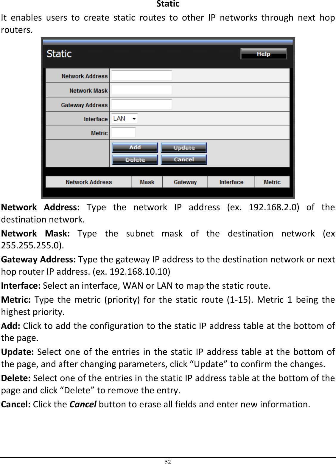 52 Static It  enables  users  to  create  static  routes  to  other  IP  networks  through  next  hop routers.  Network  Address:  Type  the  network  IP  address  (ex.  192.168.2.0)  of  the destination network. Network  Mask:  Type  the  subnet  mask  of  the  destination  network  (ex 255.255.255.0).  Gateway Address: Type the gateway IP address to the destination network or next hop router IP address. (ex. 192.168.10.10) Interface: Select an interface, WAN or LAN to map the static route.  Metric:  Type  the  metric  (priority)  for the  static route  (1-15). Metric  1  being the highest priority. Add: Click to add the configuration to the static IP address table at the bottom of the page. Update: Select one of the entries in the static IP address table at the bottom of the page, and after changing parameters, click “Update” to confirm the changes. Delete: Select one of the entries in the static IP address table at the bottom of the page and click “Delete” to remove the entry. Cancel: Click the Cancel button to erase all fields and enter new information. 