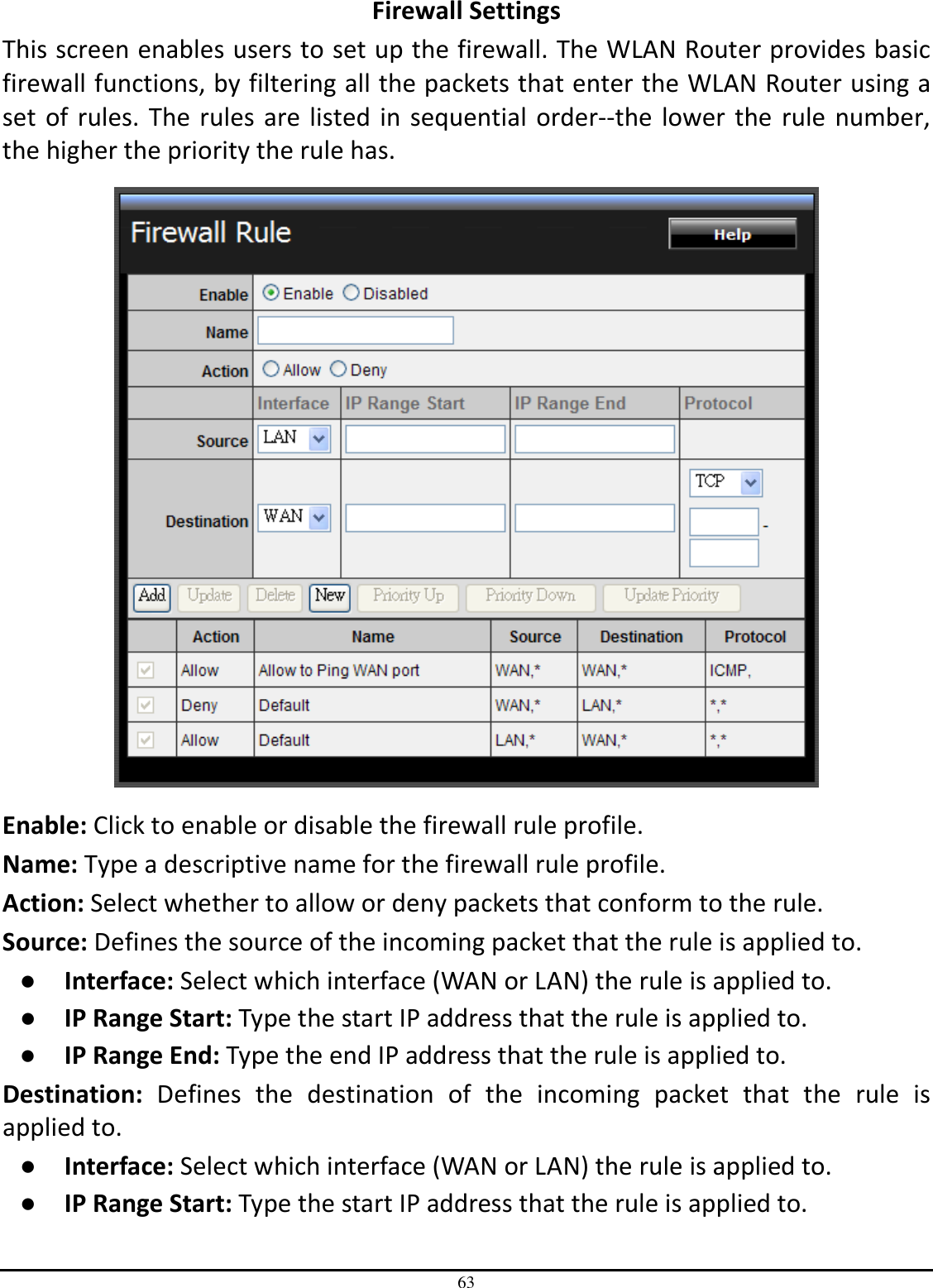 63 Firewall Settings This screen enables users to set up the firewall. The WLAN Router provides basic firewall functions, by filtering all the packets that enter the WLAN Router using a set of rules. The rules are listed in sequential order--the lower the rule number, the higher the priority the rule has.  Enable: Click to enable or disable the firewall rule profile. Name: Type a descriptive name for the firewall rule profile. Action: Select whether to allow or deny packets that conform to the rule. Source: Defines the source of the incoming packet that the rule is applied to. ●  Interface: Select which interface (WAN or LAN) the rule is applied to. ●  IP Range Start: Type the start IP address that the rule is applied to. ●  IP Range End: Type the end IP address that the rule is applied to. Destination:  Defines  the  destination  of  the  incoming  packet  that  the  rule  is applied to. ●  Interface: Select which interface (WAN or LAN) the rule is applied to. ●  IP Range Start: Type the start IP address that the rule is applied to. 