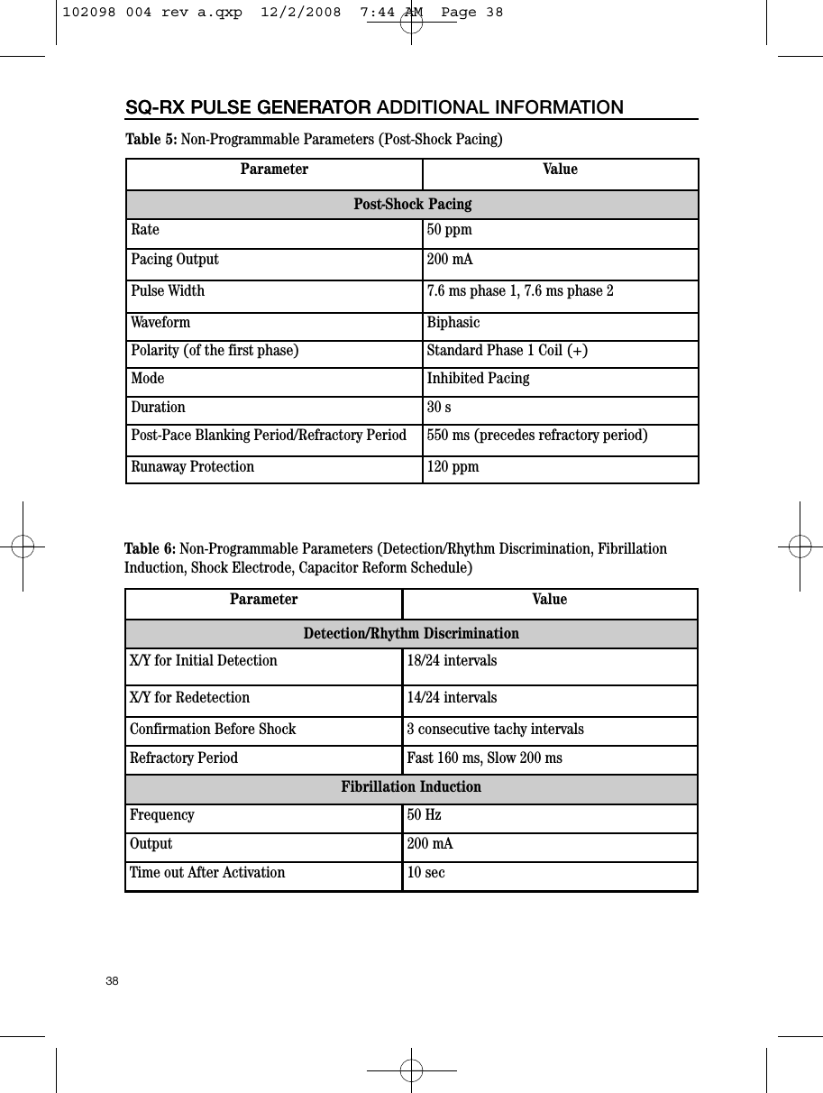 38SQ-RX PULSE GENERATORSQ-RX PULSE GENERATOR ADDITIONAL INFORMATIONTable 5: Non-Programmable Parameters (Post-Shock Pacing)Parameter ValuePost-Shock PacingRate 50 ppmPacing Output 200 mAPulse Width  7.6 ms phase 1, 7.6 ms phase 2Waveform BiphasicPolarity (of the first phase) Standard Phase 1 Coil (+)Mode Inhibited PacingDuration  30 sPost-Pace Blanking Period/Refractory Period 550 ms (precedes refractory period)Runaway Protection 120 ppmTable 6: Non-Programmable Parameters (Detection/Rhythm Discrimination, FibrillationInduction, Shock Electrode, Capacitor Reform Schedule)Parameter ValueDetection/Rhythm DiscriminationX/Y for Initial Detection 18/24 intervalsX/Y for Redetection 14/24 intervalsConfirmation Before Shock 3 consecutive tachy intervalsRefractory Period Fast 160 ms, Slow 200 msFibrillation InductionFrequency 50 HzOutput 200 mATime out After Activation 10 sec102098 004 rev a.qxp  12/2/2008  7:44 AM  Page 38