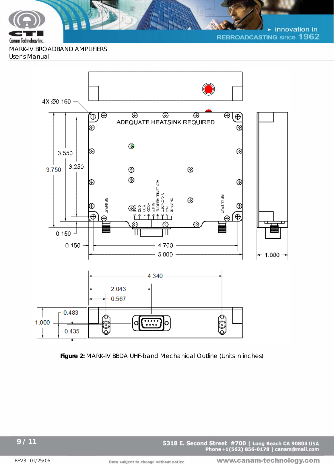      MARK-IV BROADBAND AMPLIFIERS User’s Manual      9 / 11   REV3   01/25/06   Figure 2: MARK-IV BBDA UHF-band Mechanical Outline (Units in inches)  