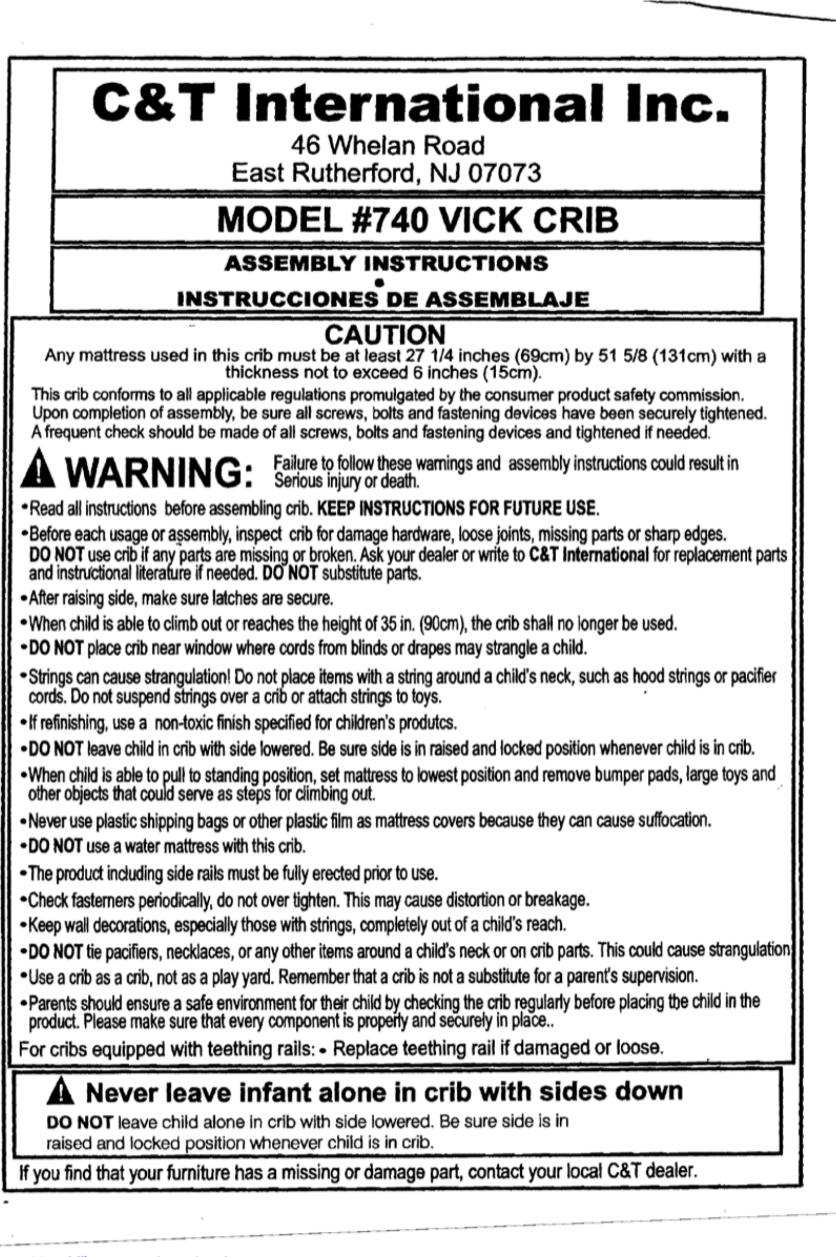 Candt International 740 Vick Crib Assembly Instructions Manual