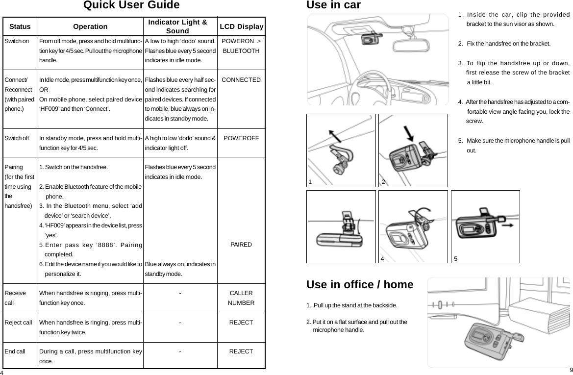 91. Inside the car, clip the provided      bracket to the sun visor as shown.2.   Fix the handsfree on the bracket.3. To flip the handsfree up or down,    first release the screw of the bracket      a little bit.4.   After the handsfree has adjusted to a com-      fortable view angle facing you, lock the     screw.5.   Make sure the microphone handle is pull      out.Use in carUse in office / home1.  Pull up the stand at the backside.2. Put it on a flat surface and pull out the     microphone handle. 3                                             4                                              5A low to high &lsquo;dodo&rsquo; sound.Flashes blue every 5 secondindicates in idle mode.Flashes blue every half sec-ond indicates searching forpaired devices. If connectedto mobile, blue always on in-dicates in standby mode.A high to low &lsquo;dodo&rsquo; sound &amp;indicator light off.Flashes blue every 5 secondindicates in idle mode.Blue always on, indicates instandby mode.---POWERON  >BLUETOOTHCONNECTEDPOWEROFFPAIREDCALLERNUMBERREJECTREJECTQuick User GuideSwitch onConnect/Reconnect(with pairedphone.)Switch offPairing(for the firsttime usingthehandsfree)ReceivecallReject callEnd callOperation Indicator Light &amp;SoundFrom off mode, press and hold multifunc-tion key for 4/5 sec. Pull out the microphonehandle.In Idle mode, press multifunction key once,OROn mobile phone, select paired device&lsquo;HF009&rsquo; and then &lsquo;Connect&rsquo;.In standby mode, press and hold multi-function key for 4/5 sec.1. Switch on the handsfree.2. Enable Bluetooth feature of the mobile     phone.3. In the Bluetooth menu, select &lsquo;add    device&rsquo; or &lsquo;search device&rsquo;.4. &lsquo;HF009&rsquo; appears in the device list, press    &lsquo;yes&rsquo;.5.Enter pass key &lsquo;8888&rsquo;. Pairing    completed.6. Edit the device name if you would like to    personalize it.When handsfree is ringing, press multi-function key once.When handsfree is ringing, press multi-function key twice.During a call, press multifunction keyonce.LCD DisplayStatus4 1                                              2