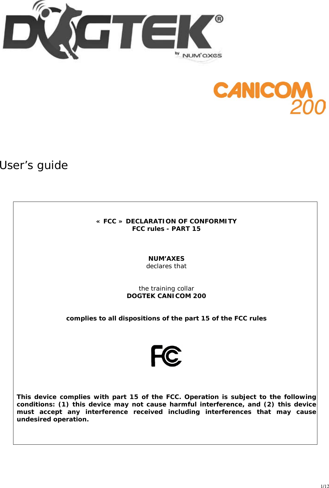 Page 1 of 12 - Canicom Canicom-200-Users-Manual-  Canicom-200-users-manual
