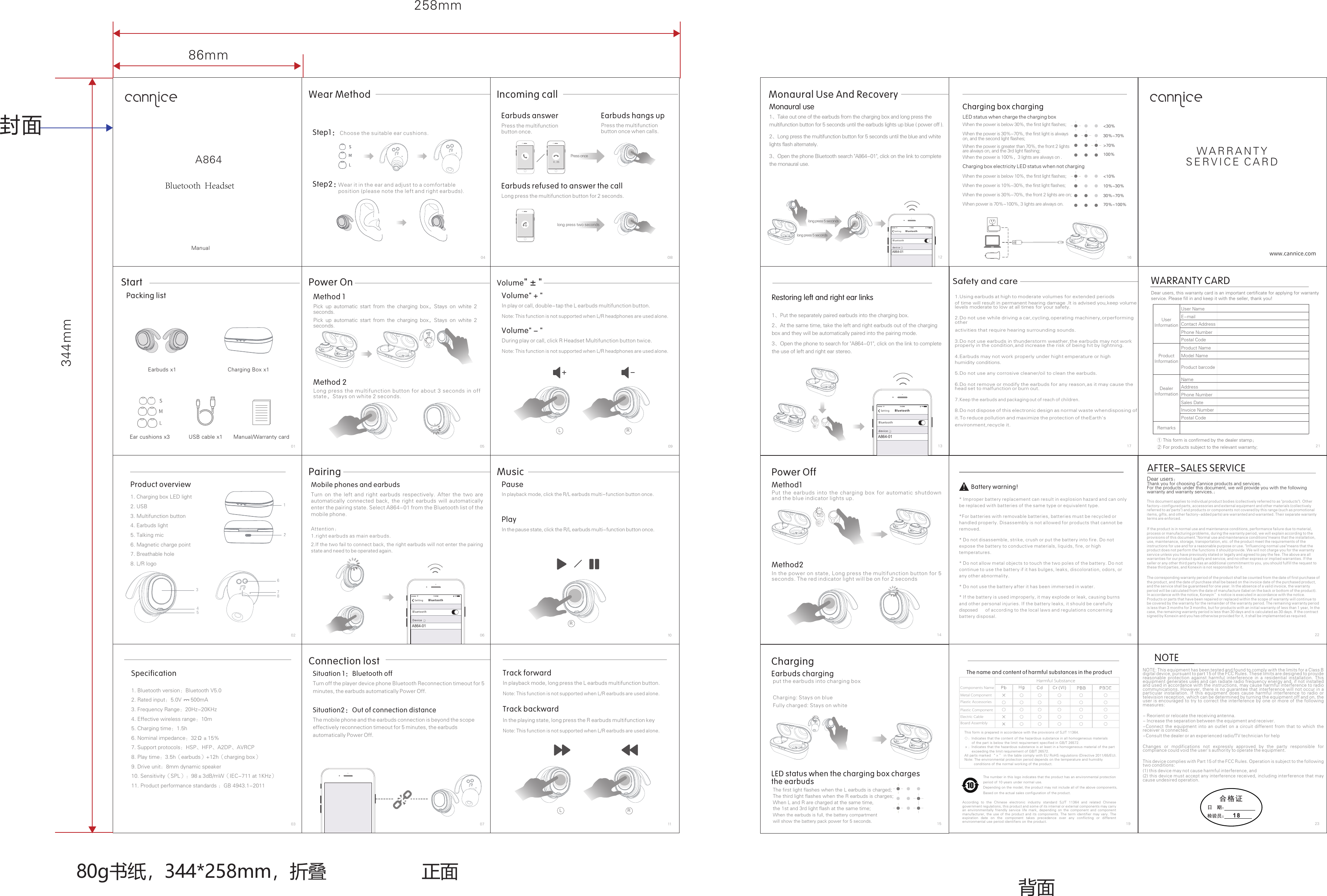 01020305060709040810111312141517181619212223* Improper battery replacement can result in explosion hazard and can only be replaced with batteries of the same type or equivalent type.*For batteries with removable batteries, batteries must be recycled orhandled properly. Disassembly is not allowed for products that cannot be removed.* Do not disassemble, strike, crush or put the battery into fire. Do not expose the battery to conductive materials, liquids, fire, or high temperatures.* Do not allow metal objects to touch the two poles of the battery. Do not continue to use the battery if it has bulges, leaks, discoloration, odors, or any other abnormality.* Do not use the battery after it has been immersed in water.* If the battery is used improperly, it may explode or leak, causing burns and other personal injuries. If the battery leaks, it should be carefully disposed   of according to the local laws and regulations concerning battery disposal.Battery warning!Wear MethodStep1：Choose the suitable ear cushions.Step2：Wear it in the ear and adjust to a comfortableposition (please note the left and right earbuds).Safety and care1.Using    earbuds    at    high    to    moderate     volumes     for     extended     periodsof time will result in permanent hearing damage .It is advised you,keep volume levels moderate to low at all times for your safety.2.Do     not     use      while     driving     a    car, cycling, operating     machinery, or performingother activities     that     require     hearing     surrounding     sounds.3.Do     not     use     earbuds     in     thunderstorm     weather, the     earbuds     m a y     n o t     w o r kproperly     in     the     condition, and     increase     the     risk     of     being     hit     by     lightning. 4.Earbuds     may     not     work     properly     under     high t    emperature     or     highhumidity conditions.5.Do     not     use     any     corrosive     cleaner/oil     to     clean     the     earbuds.6.Do     not     remove     or     modify     the     earbuds     for     any     reason, as     it     may     cause     thehead    set     to    malfunction    or    burn    out.7.K e e p     t h e      e a r b u d s     a n d     p a c k a g i n g    o u t     o f     r e a c h     o f     c h i l d r e n .8.Do    not    dispose    of    this    electronic    design    as    normal    waste    when disposing     ofit. To    reduce    pollution    and    maximize    the    protection    of    the Earth&apos;s  environment, recycle     it.This document applies to individual product bodies (collectively referred to as &quot;products&quot;). Other factory-configured parts, accessories and external equipment and other materials (collectively referred to as&quot;parts&quot;) and products or components not covered by this range (such as promotional items, gifts, and other factory-added parts) are warranted and warranted. Their separate warranty terms are enforced.If the product is in normal use and maintenance conditions, performance failure due to material, process or manufacturing problems, during the warranty period, we will explain according to the provisions of this document.&quot;Normal use and maintenance conditions&quot;means that the installation, use, maintenance, storage, transportation, etc. of the product meet the requirements of the instructions for use and for a reasonable purpose or use. &quot;Influencing normal use&quot;means that the product does not perform the functions it should provide. We will not charge you for the warranty service unless you have previously stated or legally and agreed to pay the fee. The above are all warranties for our product quality and service, and no other express or implied warranties. If the seller or any other third party has an additional commitment to you, you should fulfill the request to these third parties, and Konexin is not responsible for it.The corresponding warranty period of the product shall be counted from the date of first purchase of the product, and the date of purchase shall be based on the invoice date of the purchased product, and the service shall be guaranteed for one year. In the absence of a valid invoice, the warranty period will be calculated from the date of manufacture (label on the back or bottom of the product). In accordance with the notice, Koneyin’s notice is executed in accordance with the notice. Products or parts that have been repaired or replaced within the scope of warranty will continue to be covered by the warranty for the remainder of the warranty period. The remaining warranty period is less than 3 months for 3 months, but for products with an initial warranty of less than 1 year, In the case, the remaining warranty period is less than 30 days and is calculated as 30 days. If the contract signed by Konexin and you has otherwise provided for it, it shall be implemented as required.Dear users：Thank you for choosing Cannice products and services.For the products under this document, we will provide you with the followingwarranty and warranty services.：AFTER-SALES SERVICENOTEMethod 1Method 2Power OnLong press the multifunction button for about 3 seconds in off state，Stays on white 2 seconds. Pick  up  automatic  start  from  the  charging  box，Stays  on  white  2 seconds.Pick  up  automatic  start  from  the  charging  box，Stays  on  white  2 seconds.Setting BluetoothBluetoothDeviceA864-01Mobile phones and earbuds PairingTurn  on  the  left  and  right  earbuds  respectively.  After  the  two  are automatically  connected  back,  the  right  earbuds will  automatically enter the pairing state. Select A864-01 from the Bluetooth list of the mobile phone.Attention：1.right earbuds as main earbuds.2.If the two fail to connect back, the right earbuds will not enter the pairing state and need to be operated again.Situation 1：Bluetooth offConnection lostTurn off the player device phone Bluetooth Reconnection timeout for 5 minutes, the earbuds automatically Power Off.Situation2：Out of connection distanceThe mobile phone and the earbuds connection is beyond the scope effectively reconnection timeout for 5 minutes, the earbuds automatically Power Off.Volume&quot;＋&quot;During play or call, click R Headset Multifunction button twice.Note: This function is not supported when L/R headphones are used alone. Volume&quot;±&quot;In play or call, double-tap the L earbuds multifunction button.Note: This function is not supported when L/R headphones are used alone.Volume&quot;－&quot;Pause In the pause state, click the R/L earbuds multi-function button once.MusicIn playback mode, click the R/L earbuds multi-function button once.PlayRTrack backwardIn the playing state, long press the R earbuds multifunction keyNote: This function is not supported when L/R earbuds are used alone.In playback mode, long press the L earbuds multifunction button. Note: This function is not supported when L/R earbuds are used alone.Track forward Earbuds chargingChargingput the earbuds into charging boxCharging: Stays on blueFully charged: Stays on whiteLED status when the charging box charges the earbudsThe first light flashes when the L earbuds is charged;The third light flashes when the R earbuds is charges;When L and R are charged at the same time, the 1st and 3rd light flash at the same time;When the earbuds is full, the battery compartment will show the battery pack power for 5 seconds.Charging box chargingLED status when charge the charging boxCharging box electricity LED status when not chargingWhen the power is below 30%, the first light flashes;When the power is 30%~70%, the first light is alwayson, and the second light flashes;When the power is greater than 70%, the front 2 lightsare always on, and the 3rd light flashing;When the power is 100%，3 lights are always on .&lt;10%10%~30%30%~70%70%~100%When the power is below 10%, the first light flashes;When the power is 10%~30%, the first light flashes;When the power is 30%~70%, the front 2 lights are on;When power is 70%~100%, 3 lights are always on.&lt;30%30%~70%&gt;70%100%Dear users, this warranty card is an important certificate for applying for warrantyservice. Please fill in and keep it with the seller, thank you!ProductInformationUser NameE-mailContact AddressPhone NumberPostal CodeProduct NameModel NameProduct barcodeNameAddressPhone NumberSales DateInvoice NumberPostal CodeDealerInformationRemarks① This form is confirmed by the dealer stamp；② For products subject to the relevant warranty;UserInformationWARRANTY CARDThe number in this logo indicates that the product has an environmental protectionperiod of 10 years under normal use.Depending on the model, the product may not include all of the above components,Based on the actual sales configuration of the product.This form is prepared in accordance with the provisions of SJ/T 11364.○：Indicates that the content of the hazardous substance in all homogeneous materials       of the part is below the limit requirement specified in GB/T 26572.×：Indicates that the hazardous substance is at least in a homogeneous material of the part       exceeding the limit requirement of GB/T 26572.All parts marked “×” in the table comply with EU RoHS regulations (Directive 2011/65/EU).Note: The environmental protection period depends on the temperature and humidity         conditions of the normal working of the product.According  to  the  Chinese  electronic  industry  standard  SJ/T  11364  and  related  Chinese government regulations, this product and some of its internal or external components may carry an  environmentally  friendly  service  life  mark,  depending  on  the  component  and  component manufacturer, the use  of  the  product and its  components.  The  term  identifier may vary.  The expiration  date  on  the  component  takes  precedence  over  any  conflicting  or  different environmental use period identifiers on the product.Harmful SubstanceComponents NameMetal ComponentPlastic AccessoriesPlastic ComponentElectric CableBoard AssemblyNOTE: This equipment has been tested and found to comply with the limits for a Class B digital device, pursuant to part 15 of the FCC Rules. These limits are designed to provide reasonable protection against harmful interference in a residential installation. This equipment generates uses and can radiate radio frequency energy and, if not installed and used in accordance with the instructions, may cause harmful interference to radio communications. However, there is no guarantee that interference will not occur in a particular installation. If this equipment does cause harmful interference to radio or television reception, which can be determined by turning the equipment off and on, the user is encouraged to try to correct the interference by one or more of the following measures:- Reorient or relocate the receiving antenna.- Increase the separation between the equipment and receiver.-Connect  the  equipment  into  an  outlet  on  a  circuit different  from  that  to  which  the receiver is connected.-Consult the dealer or an experienced radio/TV technician for helpChanges  or  modifications  not  expressly  approved  by  the  party  responsible  for compliance could void the user&apos;s authority to operate the equipment.This device complies with Part 15 of the FCC Rules. Operation is subject to the following two conditions:(1) this device may not cause harmful interference, and(2) this device must accept any interference received, including interference that may cause undesired operation.ManualA864  WARRANTYSERVICE CARDwww.cannice.comPacking listEar cushions x3Earbuds x1USB cable x1Charging Box x1Manual/Warranty cardStartProduct overview1. Charging box LED light2. USB3. Multifunction button4. Earbuds light5. Talking mic6. Magnetic charge point7. Breathable hole8. L/R logo453786Earbuds answerIncoming callEarbuds hangs upEarbuds refused to answer the calllong press two secondsPress once0：35Press the multifunction button once.Long press the multifunction button for 2 seconds.Press the multifunction button once when calls.Method1Method2Power OffIn the power on state, Long press the multifunction button for 5 seconds. The red indicator light will be on for 2 secondsPut  the  earbuds  into  the  charging  box for automatic  shutdown and the blue indicator lights up.Specification1. Bluetooth version：Bluetooth V5.02. Rated input：5.0V      500mA3. Frequency Range：20Hz-20KHz4. Effective wireless range：10m5. Charging time：1.5h6. Nominal impedance：32Ω±15%7. Support protocols：HSP、HFP、A2DP、AVRCP8. Play time：3.5h（earbuds）+12h（charging box）9. Drive unit：8mm dynamic speaker10. Sensitivity（SPL）：98±3dB/mW（IEC-711 at 1KHz）11. Product performance standards ：GB 4943.1-2011Restoring left and right ear links1、Put the separately paired earbuds into the charging box.2、At the same time, take the left and right earbuds out of the charging box and they will be automatically paired into the pairing mode.3、Open the phone to search for &quot;A864-01&quot;, click on the link to complete the use of left and right ear stereo.SettingBluetoothBluetoothdeviceA864-01SettingBluetoothBluetoothdeviceA864-01Monaural use     Monaural Use And Recovery1、Take out one of the earbuds from the charging box and long press the multifunction button for 5 seconds until the earbuds lights up blue ( power off ).2、Long press the multifunction button for 5 seconds until the blue and white lights flash alternately.3、Open the phone Bluetooth search &quot;A864-01&quot;, click on the link to complete the monaural use.long press 5 seconds     long press 5 seconds     344mm封面80g书纸，344*258mm，折叠 正面 背面86mm258mmRLRLThe name and content of harmful substances in the productBluetooth  Headset