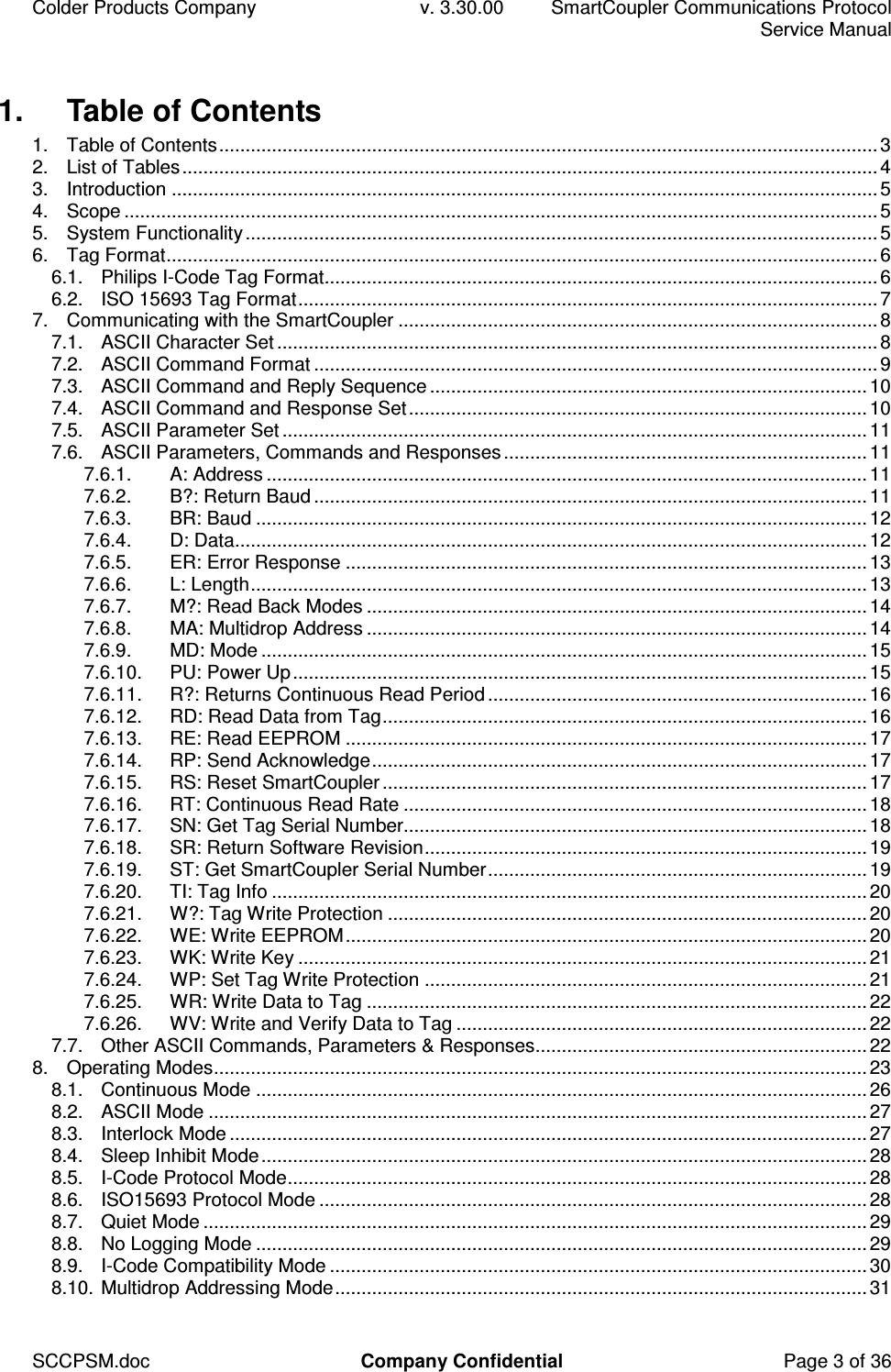 Colder Products Company  v. 3.30.00  SmartCoupler Communications Protocol     Service Manual SCCPSM.doc  Company Confidential  Page 3 of 36 1.  Table of Contents 1. Table of Contents.............................................................................................................................3 2. List of Tables....................................................................................................................................4 3. Introduction ......................................................................................................................................5 4. Scope ...............................................................................................................................................5 5. System Functionality........................................................................................................................5 6. Tag Format.......................................................................................................................................6 6.1. Philips I-Code Tag Format.........................................................................................................6 6.2. ISO 15693 Tag Format..............................................................................................................7 7. Communicating with the SmartCoupler ...........................................................................................8 7.1. ASCII Character Set ..................................................................................................................8 7.2. ASCII Command Format ...........................................................................................................9 7.3. ASCII Command and Reply Sequence ...................................................................................10 7.4. ASCII Command and Response Set.......................................................................................10 7.5. ASCII Parameter Set ...............................................................................................................11 7.6. ASCII Parameters, Commands and Responses.....................................................................11 7.6.1. A: Address ..................................................................................................................11 7.6.2. B?: Return Baud .........................................................................................................11 7.6.3. BR: Baud ....................................................................................................................12 7.6.4. D: Data........................................................................................................................12 7.6.5. ER: Error Response ...................................................................................................13 7.6.6. L: Length.....................................................................................................................13 7.6.7. M?: Read Back Modes ...............................................................................................14 7.6.8. MA: Multidrop Address ...............................................................................................14 7.6.9. MD: Mode ...................................................................................................................15 7.6.10. PU: Power Up.............................................................................................................15 7.6.11. R?: Returns Continuous Read Period ........................................................................16 7.6.12. RD: Read Data from Tag............................................................................................16 7.6.13. RE: Read EEPROM ...................................................................................................17 7.6.14. RP: Send Acknowledge..............................................................................................17 7.6.15. RS: Reset SmartCoupler............................................................................................17 7.6.16. RT: Continuous Read Rate ........................................................................................18 7.6.17. SN: Get Tag Serial Number........................................................................................18 7.6.18. SR: Return Software Revision....................................................................................19 7.6.19. ST: Get SmartCoupler Serial Number........................................................................19 7.6.20. TI: Tag Info .................................................................................................................20 7.6.21. W?: Tag Write Protection ...........................................................................................20 7.6.22. WE: Write EEPROM...................................................................................................20 7.6.23. WK: Write Key ............................................................................................................21 7.6.24. WP: Set Tag Write Protection ....................................................................................21 7.6.25. WR: Write Data to Tag ...............................................................................................22 7.6.26. WV: Write and Verify Data to Tag ..............................................................................22 7.7. Other ASCII Commands, Parameters &amp; Responses...............................................................22 8. Operating Modes............................................................................................................................23 8.1. Continuous Mode ....................................................................................................................26 8.2. ASCII Mode .............................................................................................................................27 8.3. Interlock Mode .........................................................................................................................27 8.4. Sleep Inhibit Mode...................................................................................................................28 8.5. I-Code Protocol Mode..............................................................................................................28 8.6. ISO15693 Protocol Mode ........................................................................................................28 8.7. Quiet Mode ..............................................................................................................................29 8.8. No Logging Mode ....................................................................................................................29 8.9. I-Code Compatibility Mode ......................................................................................................30 8.10. Multidrop Addressing Mode.....................................................................................................31 