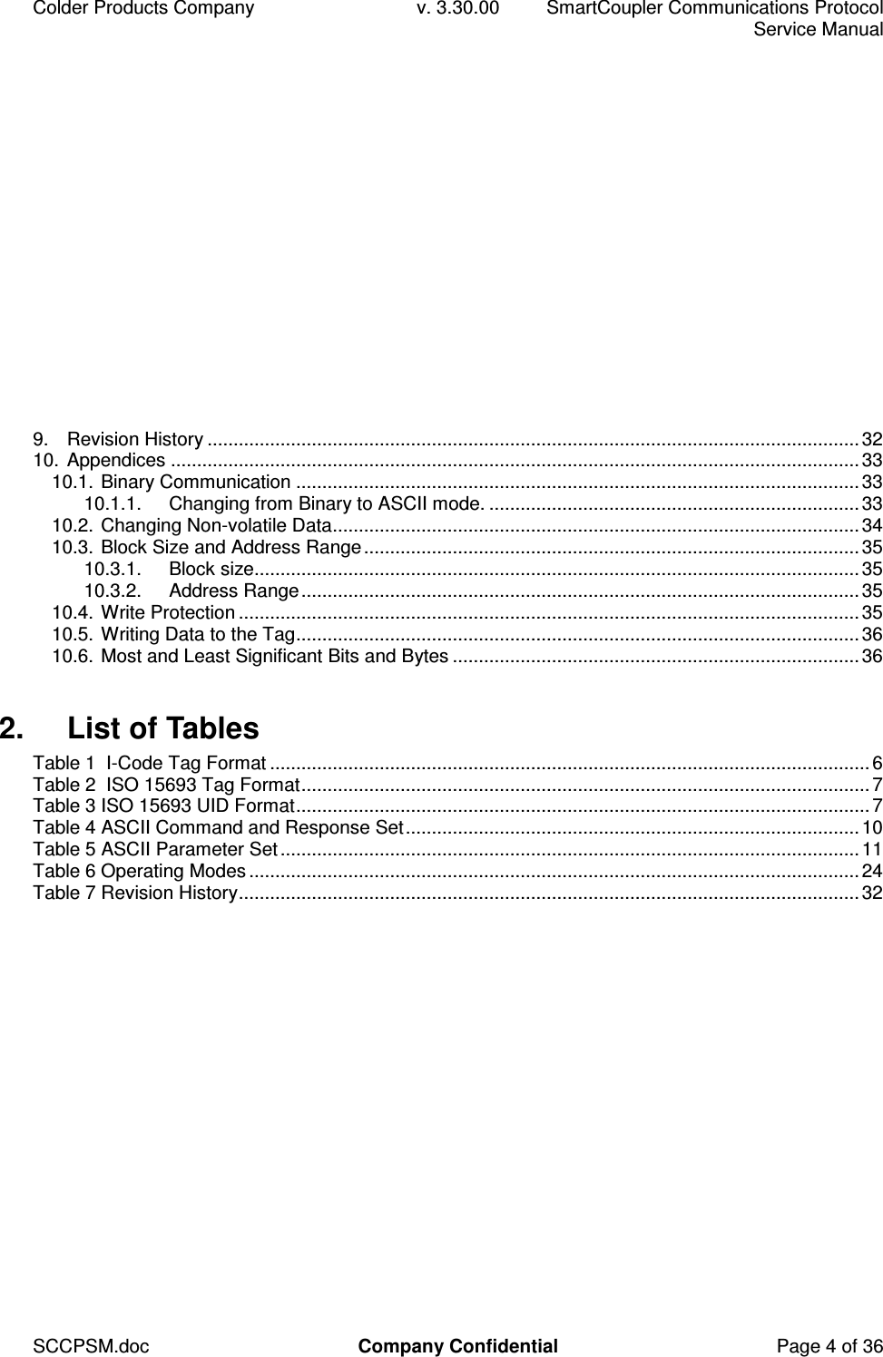 Colder Products Company  v. 3.30.00  SmartCoupler Communications Protocol     Service Manual SCCPSM.doc  Company Confidential  Page 4 of 36 9. Revision History .............................................................................................................................32 10. Appendices ....................................................................................................................................33 10.1. Binary Communication ............................................................................................................33 10.1.1. Changing from Binary to ASCII mode. .......................................................................33 10.2. Changing Non-volatile Data.....................................................................................................34 10.3. Block Size and Address Range...............................................................................................35 10.3.1. Block size....................................................................................................................35 10.3.2. Address Range...........................................................................................................35 10.4. Write Protection .......................................................................................................................35 10.5. Writing Data to the Tag............................................................................................................36 10.6. Most and Least Significant Bits and Bytes ..............................................................................36  2.  List of Tables Table 1  I-Code Tag Format ...................................................................................................................6 Table 2  ISO 15693 Tag Format.............................................................................................................7 Table 3 ISO 15693 UID Format..............................................................................................................7 Table 4 ASCII Command and Response Set.......................................................................................10 Table 5 ASCII Parameter Set...............................................................................................................11 Table 6 Operating Modes .....................................................................................................................24 Table 7 Revision History.......................................................................................................................32  
