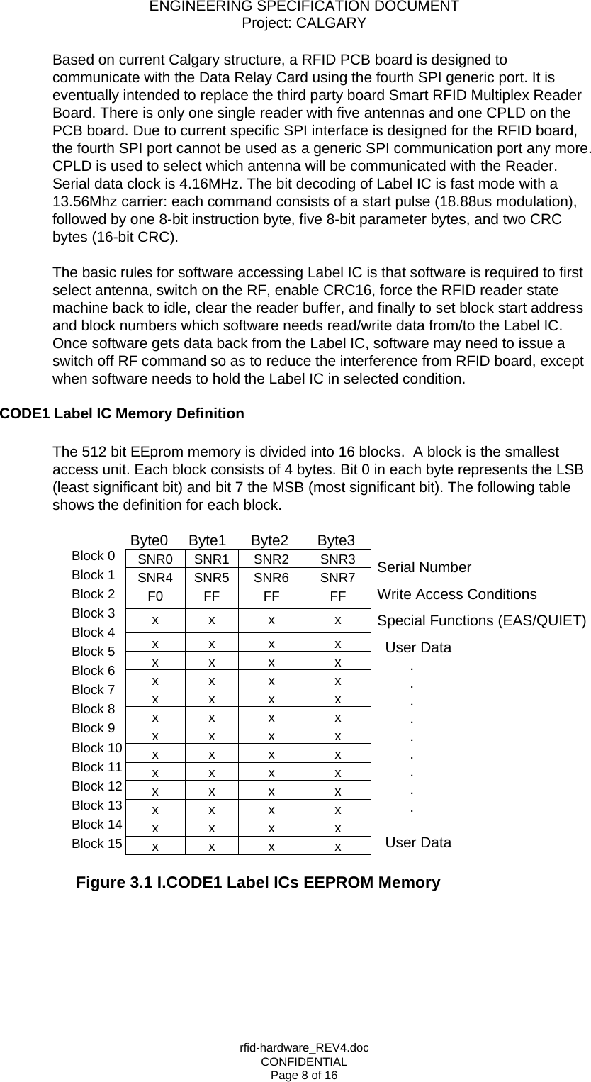 ENGINEERING SPECIFICATION DOCUMENT Project: CALGARY rfid-hardware_REV4.doc CONFIDENTIAL Page 8 of 16 Based on current Calgary structure, a RFID PCB board is designed to communicate with the Data Relay Card using the fourth SPI generic port. It is eventually intended to replace the third party board Smart RFID Multiplex Reader Board. There is only one single reader with five antennas and one CPLD on the PCB board. Due to current specific SPI interface is designed for the RFID board, the fourth SPI port cannot be used as a generic SPI communication port any more. CPLD is used to select which antenna will be communicated with the Reader. Serial data clock is 4.16MHz. The bit decoding of Label IC is fast mode with a 13.56Mhz carrier: each command consists of a start pulse (18.88us modulation), followed by one 8-bit instruction byte, five 8-bit parameter bytes, and two CRC bytes (16-bit CRC).  The basic rules for software accessing Label IC is that software is required to first select antenna, switch on the RF, enable CRC16, force the RFID reader state machine back to idle, clear the reader buffer, and finally to set block start address and block numbers which software needs read/write data from/to the Label IC. Once software gets data back from the Label IC, software may need to issue a switch off RF command so as to reduce the interference from RFID board, except when software needs to hold the Label IC in selected condition.  CODE1 Label IC Memory Definition  The 512 bit EEprom memory is divided into 16 blocks.  A block is the smallest access unit. Each block consists of 4 bytes. Bit 0 in each byte represents the LSB (least significant bit) and bit 7 the MSB (most significant bit). The following table shows the definition for each block.                                                   Byte0     Byte1      Byte2       Byte3                      Figure 3.1 I.CODE1 Label ICs EEPROM Memory      SNR0 SNR1  SNR2  SNR3 SNR4 SNR5  SNR6  SNR7 F0 FF  FF  FF x x  x  x x x  x  x x x  x  x x x  x  x x x  x  x x x  x  x x x  x  x x x  x  x x x  x  x x x  x  x x x  x  x x x  x  x x x  x  x Block 0 Block 1 Block 2 Block 3 Block 4 Block 5 Block 6 Block 7 Block 8 Block 9 Block 10 Block 11 Block 12 Block 13 Block 14 Block 15 Serial Number Write Access Conditions Special Functions (EAS/QUIET) User Data       .       .        .       .       .       .       .              .       .  User Data 