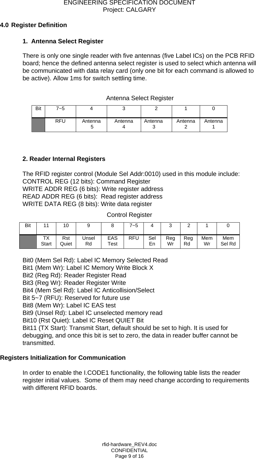 ENGINEERING SPECIFICATION DOCUMENT Project: CALGARY rfid-hardware_REV4.doc CONFIDENTIAL Page 9 of 16 4.0 Register Definition  1.  Antenna Select Register  There is only one single reader with five antennas (five Label ICs) on the PCB RFID board; hence the defined antenna select register is used to select which antenna will be communicated with data relay card (only one bit for each command is allowed to be active). Allow 1ms for switch settling time.              Antenna Select Register Bit 7~5  4 3 2 1 0  RFU  Antenna  5  Antenna 4  Antenna       3  Antenna 2  Antenna  1    2. Reader Internal Registers  The RFID register control (Module Sel Addr:0010) used in this module include: CONTROL REG (12 bits): Command Register WRITE ADDR REG (6 bits): Write register address READ ADDR REG (6 bits):  Read register address WRITE DATA REG (8 bits): Write data register Control Register Bit 11  10  9  8  7~5  4 3 2 1  0  TX Start  Rst Quiet  Unsel Rd  EAS Test  RFU  Sel En  Reg Wr  Reg  Rd  Mem Wr  Mem  Sel Rd  Bit0 (Mem Sel Rd): Label IC Memory Selected Read  Bit1 (Mem Wr): Label IC Memory Write Block X  Bit2 (Reg Rd): Reader Register Read  Bit3 (Reg Wr): Reader Register Write  Bit4 (Mem Sel Rd): Label IC Anticollision/Select  Bit 5~7 (RFU): Reserved for future use   Bit8 (Mem Wr): Label IC EAS test  Bit9 (Unsel Rd): Label IC unselected memory read  Bit10 (Rst Quiet): Label IC Reset QUIET Bit  Bit11 (TX Start): Transmit Start, default should be set to high. It is used for debugging, and once this bit is set to zero, the data in reader buffer cannot be transmitted.  Registers Initialization for Communication  In order to enable the I.CODE1 functionality, the following table lists the reader register initial values.  Some of them may need change according to requirements with different RFID boards.     