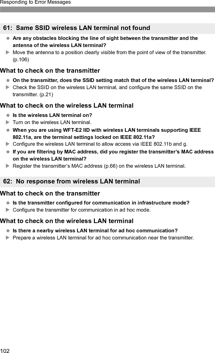 103Responding to Error Messages Are the transmitter and wireless LAN terminal configured for the same authentication method?XThe transmitter supports these authentication methods: [Open system], [Shared key], [WPA-PSK], and [WPA2-PSK]. (p.21)XWhen using an AirPort for communication in infrastructure mode, [Open system] is not supported. Configure a [Shared key] on the transmitter. (p.21) Are the transmitter and wireless LAN terminal configured with the same encryption key for authentication?XThe setting is case-sensitive, so check upper- and lower-case characters. Make sure the correct encryption key for authentication is entered on the transmitter and wireless LAN terminal. (p.22) If you are filtering by MAC address, did you register the transmitter’s MAC address on the wireless LAN terminal?XRegister the transmitter’s MAC address (p.66) on the wireless LAN terminal. Are the transmitter and wireless LAN terminal configured for the same encryption method?XThe transmitter supports these encryption methods: [WEP], [TKIP], and [AES]. (p.21) If you are filtering by MAC address, did you register the transmitter’s MAC address on the wireless LAN terminal?XRegister the transmitter’s MAC address (p.66) on the wireless LAN terminal. Are any obstacles blocking the line of sight between the transmitter and the antenna of the wireless LAN terminal?XMove the antenna to a position clearly visible from the point of view of the transmitter. (p.106) The wireless LAN connection was lost, for some reason, and the connection cannot be restored.XThe following are possible reasons: excessive access to the wireless LAN terminal from other terminals, a microwave oven or similar appliance in use nearby (interfering with IEEE 802.11b/g reception), poor weather and high humidity. (p.106)63: Wireless LAN authentication failed64: Cannot connect to wireless LAN terminal65: Wireless LAN connection lost