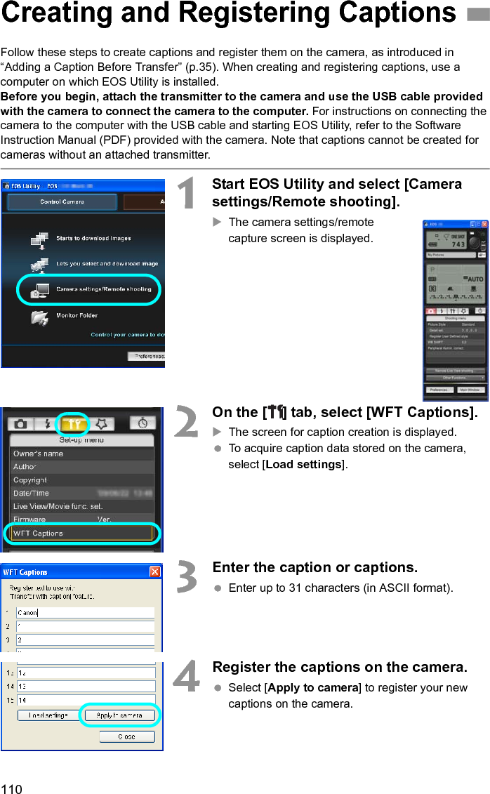 111TypeType: Image transfer accessory that can be used in wireless LANs and over Ethernet in wired LANs (IPsec-compatible). Can be connected via USB to external media, GPS devices, and Bluetooth units.Wireless LANStandards compliance: IEEE 802.11a (WFT-E2 IIA/B/C) and ARIB STD-T71IEEE 802.11b and ARIB STD-T66IEEE 802.11g and ARIB STD-T66Transmission method: OFDM modulation (IEEE 802.11a/g)DS-SS modulation (IEEE 802.11b)Transmission range: Approx. 150 m / 492 ft.* With no obstructions between the transmitting and receiving antennas and no radio interference * With a large, high-performance antenna attached to the wireless LAN access pointTransmission frequency: WFT-E2 IIA: 5,180 - 5,320 MHz, channels 36 - 64 (central frequency) 5,745 - 5,825 MHz, channels 149 - 1652,412 - 2,462 MHz, channels 1 - 11WFT-E2 IIB: 5,180 - 5,320 MHz, channels 36 - 645,500 - 5,700 MHz, channels 100 - 1402,412 - 2,472 MHz, channels 1 - 13WFT-E2 IIC: 5,745 - 5,805 MHz, channels 149 - 1612,412 - 2,472 MHz, channels 1 - 13WFT-E2 IID: 2,412 - 2,462 MHz, channels 1 - 11Connection method: Infrastructure or ad hoc mode* Wi-Fi Protected Setup supportedSecurity: Authentication method: Open, shared key, WPA-PSK, and WPA2-PSKEncryption: WEP, TKIP, and AESWired LANStandards compliance: IEEE 802.3u (Ethernet 10BASE-T and 100BASE-TX)USB ConnectionConnectable devices: External media, GPS devices, and Bluetooth unitsInterfacesCamera: Extension system terminalWired LAN: Ethernet RJ-45 portExternal device: Hi-Speed USB port (for attaching external media, GPS devices, and Bluetooth units)Specifications