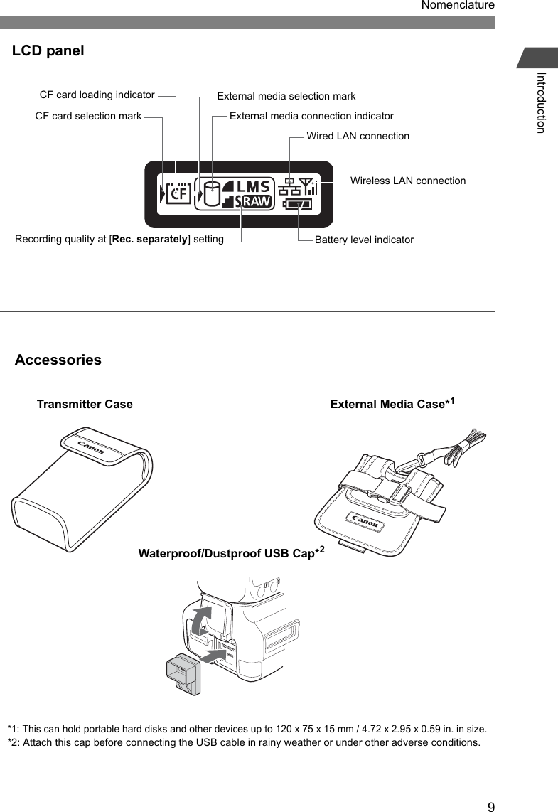 9NomenclatureIntroductionRecording quality at [Rec. separately] settingExternal media selection markExternal media connection indicatorWired LAN connectionWireless LAN connectionBattery level indicatorCF card loading indicatorCF card selection markLCD panelTransmitter CaseWaterproof/Dustproof USB Cap*2*1: This can hold portable hard disks and other devices up to 120 x 75 x 15 mm / 4.72 x 2.95 x 0.59 in. in size.*2: Attach this cap before connecting the USB cable in rainy weather or under other adverse conditions.AccessoriesExternal Media Case*1