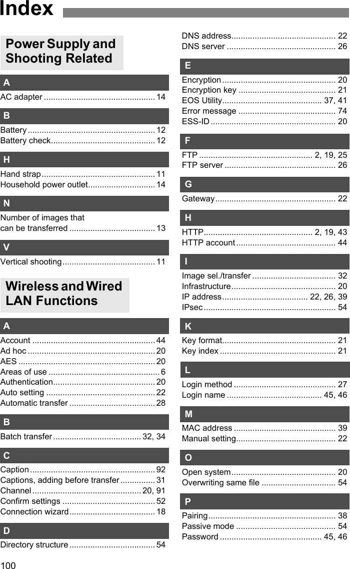 100AAC adapter ................................................ 14BBattery ....................................................... 12Battery check............................................. 12HHand strap................................................. 11Household power outlet............................. 14NNumber of images that can be transferred ..................................... 13VVertical shooting........................................ 11AAccount ..................................................... 44Ad hoc ....................................................... 20AES ........................................................... 20Areas of use ................................................ 6Authentication............................................ 20Auto setting ............................................... 22Automatic transfer ..................................... 28BBatch transfer ...................................... 32, 34CCaption ...................................................... 92Captions, adding before transfer ............... 31Channel ............................................... 20, 91Confirm settings ........................................ 52Connection wizard..................................... 18DDirectory structure ..................................... 54DNS address............................................. 22DNS server ............................................... 26EEncryption ................................................. 20Encryption key .......................................... 21EOS Utility........................................... 37, 41Error message .......................................... 74ESS-ID ...................................................... 20FFTP ................................................. 2, 19, 25FTP server ................................................ 26GGateway.................................................... 22HHTTP............................................... 2, 19, 43HTTP account ........................................... 44IImage sel./transfer .................................... 32Infrastructure............................................. 20IP address..................................... 22, 26, 39IPsec ......................................................... 54KKey format................................................. 21Key index .................................................. 21LLogin method ............................................ 27Login name ......................................... 45, 46MMAC address ............................................ 39Manual setting........................................... 22OOpen system............................................. 20Overwriting same file ................................ 54PPairing....................................................... 38Passive mode ........................................... 54Password ............................................ 45, 46Power Supply and Shooting RelatedWireless and Wired LAN FunctionsIndex