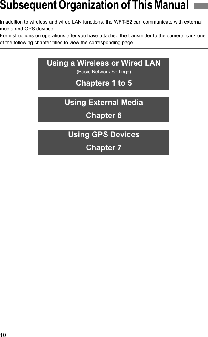 10In addition to wireless and wired LAN functions, the WFT-E2 can communicate with external media and GPS devices.For instructions on operations after you have attached the transmitter to the camera, click one of the following chapter titles to view the corresponding page.Subsequent Organization of This Manual Using a Wireless or Wired LAN(Basic Network Settings)Chapters 1 to 5Using External MediaChapter 6Using GPS DevicesChapter 7