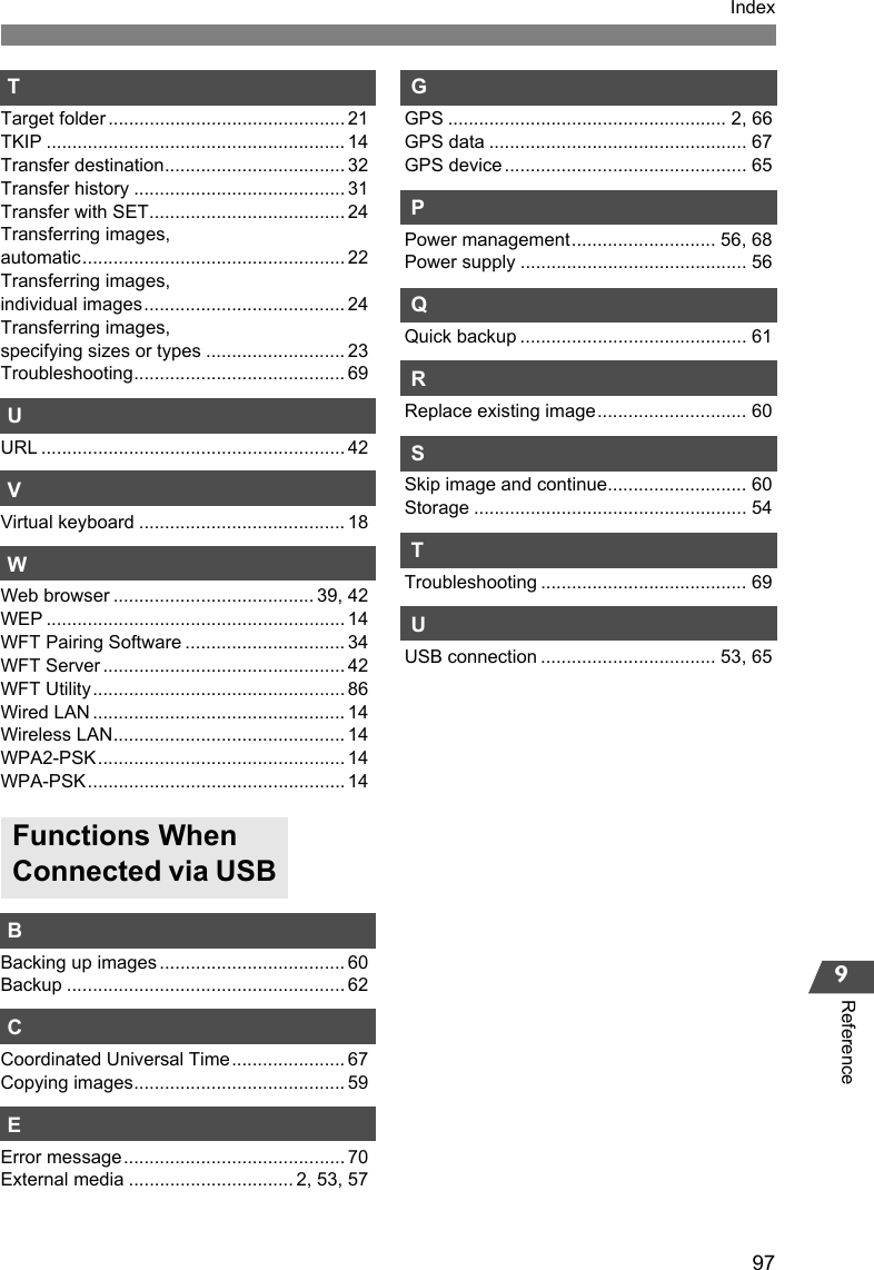97Index9ReferenceTTarget folder .............................................. 21TKIP .......................................................... 14Transfer destination................................... 32Transfer history ......................................... 31Transfer with SET...................................... 24Transferring images, automatic................................................... 22Transferring images, individual images....................................... 24Transferring images, specifying sizes or types ........................... 23Troubleshooting......................................... 69UURL ........................................................... 42VVirtual keyboard ........................................ 18WWeb browser ....................................... 39, 42WEP .......................................................... 14WFT Pairing Software ............................... 34WFT Server ............................................... 42WFT Utility................................................. 86Wired LAN ................................................. 14Wireless LAN............................................. 14WPA2-PSK................................................ 14WPA-PSK.................................................. 14BBacking up images .................................... 60Backup ...................................................... 62CCoordinated Universal Time...................... 67Copying images......................................... 59EError message........................................... 70External media ................................ 2, 53, 57GGPS ...................................................... 2, 66GPS data .................................................. 67GPS device ............................................... 65PPower management............................ 56, 68Power supply ............................................ 56QQuick backup ............................................ 61RReplace existing image............................. 60SSkip image and continue........................... 60Storage ..................................................... 54TTroubleshooting ........................................ 69UUSB connection .................................. 53, 65Functions When Connected via USB