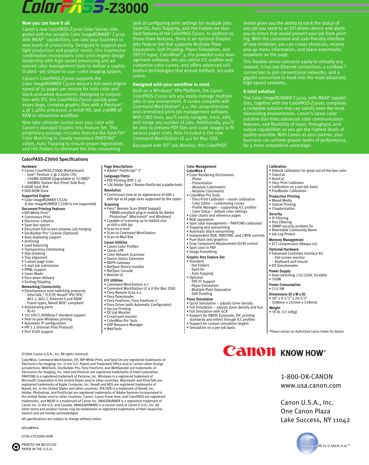 Page 2 of 2 - Canon Canon-Color-Imagerunner-C2620-C3220-Specification-Sheet- ColorPASS Z3000SpecSheet  Canon-color-imagerunner-c2620-c3220-specification-sheet