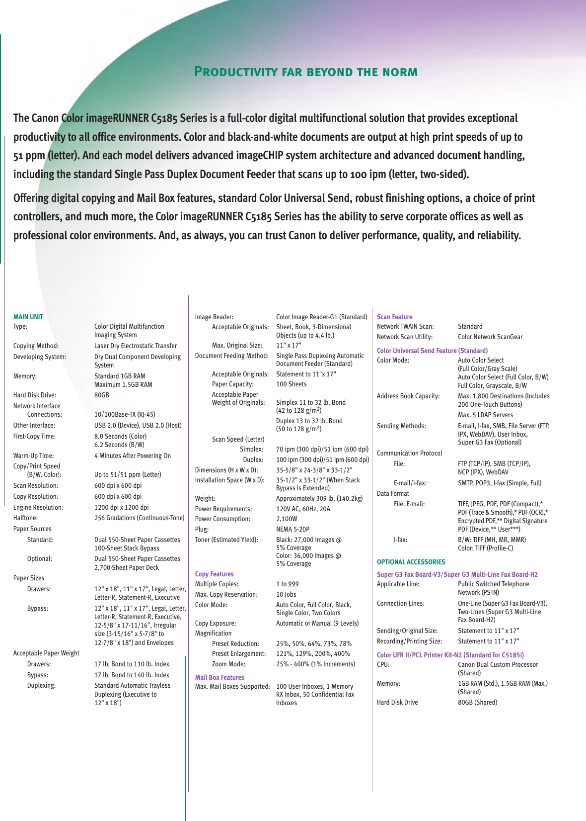 Page 2 of 4 - Canon Canon-Color-Imagerunner-C5185-Specification-Sheet-  Canon-color-imagerunner-c5185-specification-sheet