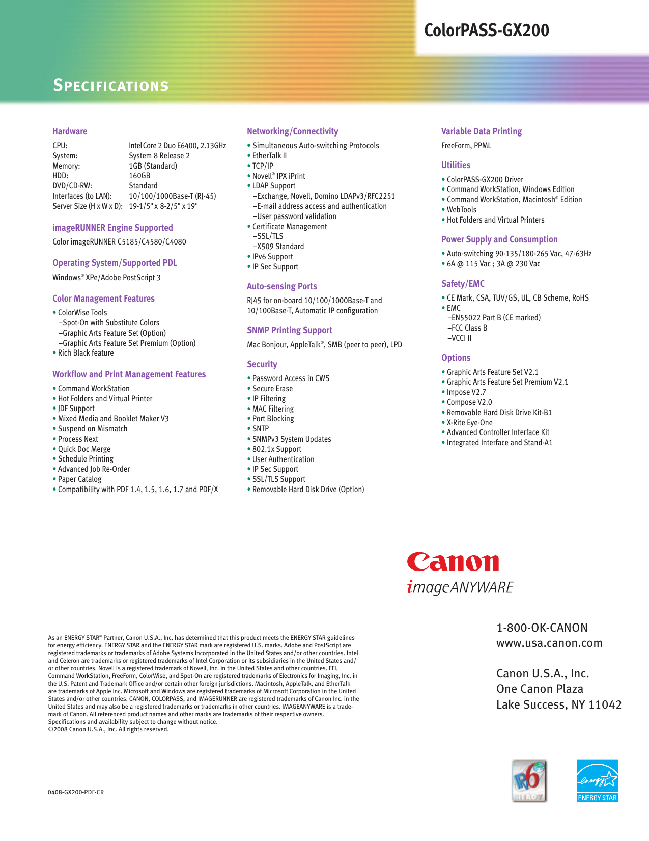 Page 4 of 4 - Canon Canon-Colorpass-Gx200-Specification-Sheet- C5180 Spec Sheet  Canon-colorpass-gx200-specification-sheet