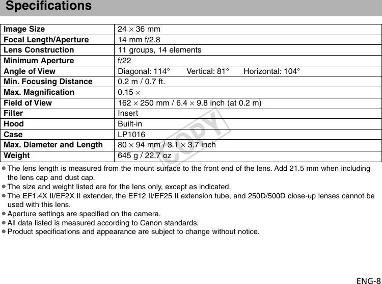 Page 9 of 10 - Canon Canon-Ef14Mm-Users-Manual-  Canon-ef14mm-users-manual