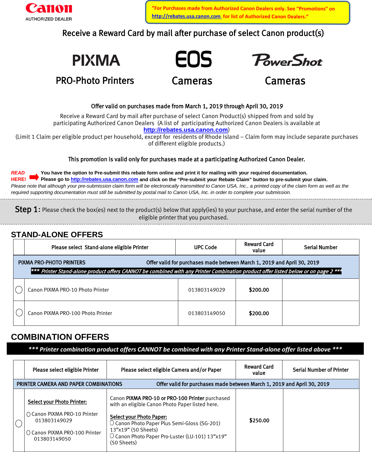 Page 1 of 3 - Canon  PIXMA Pro Printer Mail-in-Rebate IJP Camera MIR Claim Form Mar Apr 2019