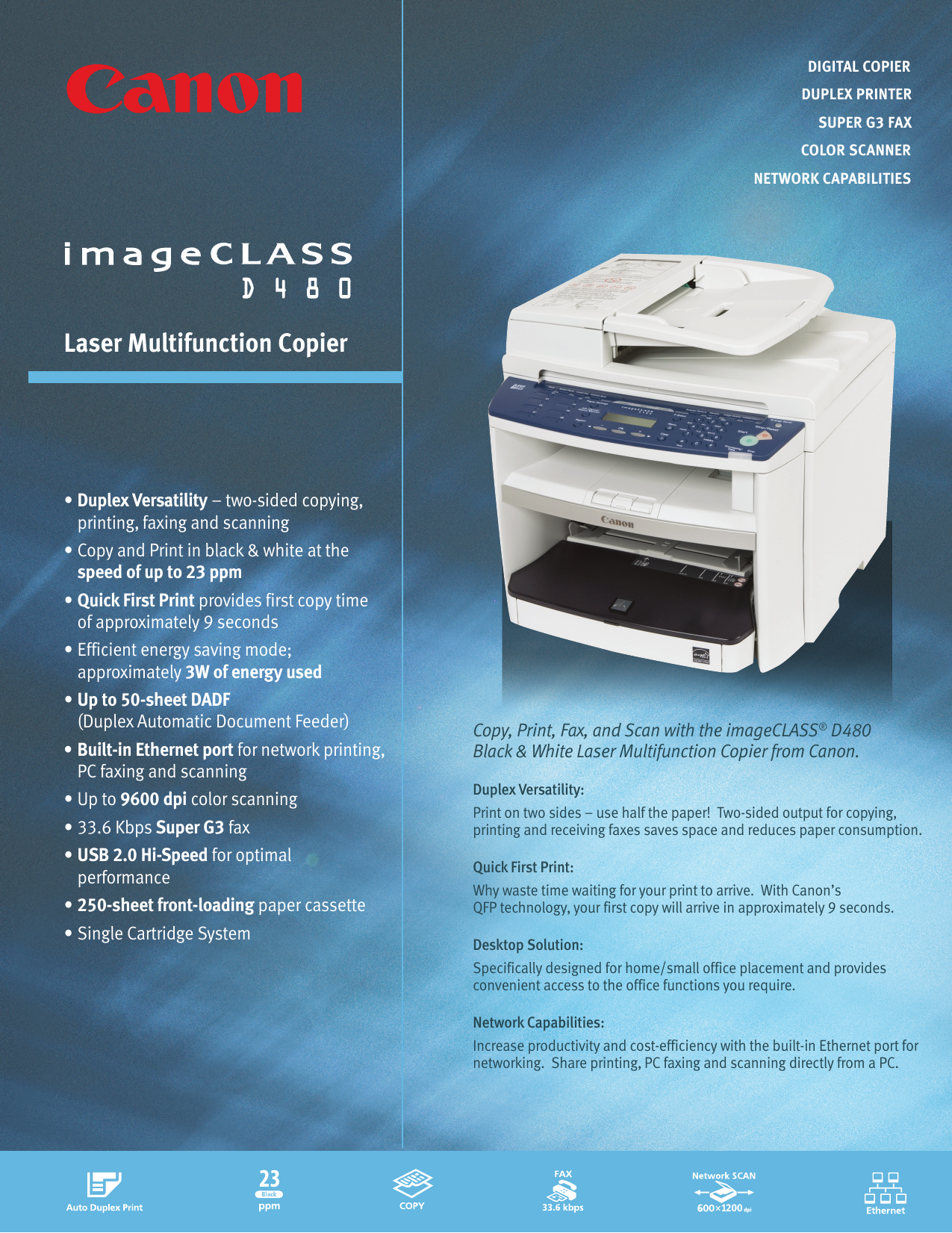 Page 1 of 2 - Canon Canon-Imageclass-D480-Specification-Sheet- AA-515_CANON_D480_SpecSht  Canon-imageclass-d480-specification-sheet