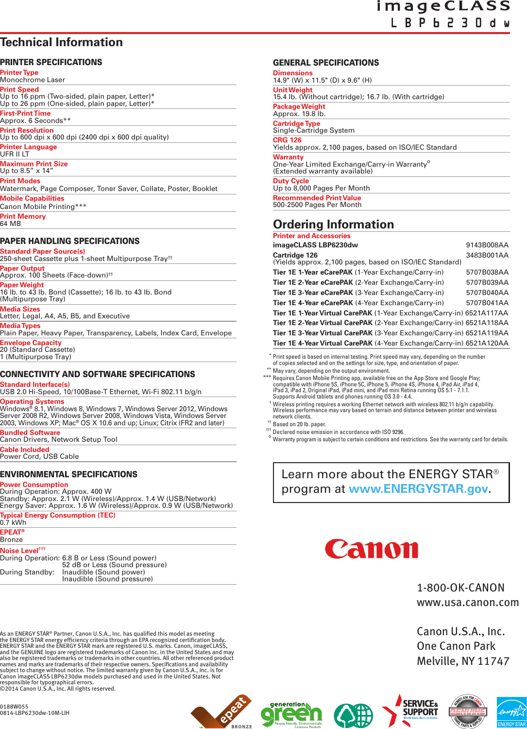 Page 2 of 2 - Canon Canon-Imageclass-Lbp6230Dw-Specification-Sheet-  Canon-imageclass-lbp6230dw-specification-sheet