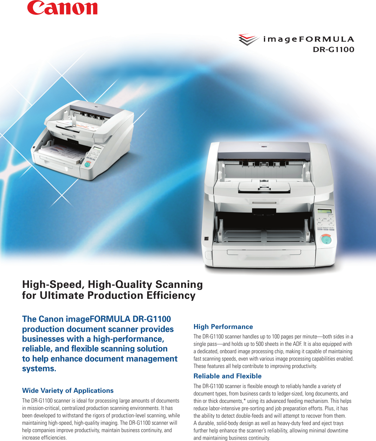 Page 1 of 2 - Canon Canon-Imageformula-Dr-G1100-Production--Scanner-Brochure-  Canon-imageformula-dr-g1100-production--scanner-brochure