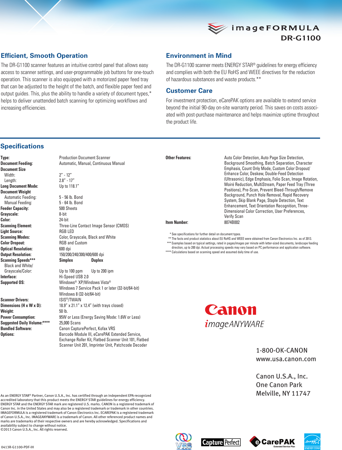 Page 2 of 2 - Canon Canon-Imageformula-Dr-G1100-Production--Scanner-Brochure-  Canon-imageformula-dr-g1100-production--scanner-brochure