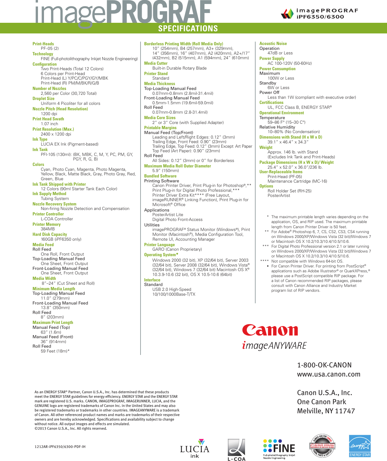 Page 2 of 2 - Canon Canon-Imageprograf-Ipf6300-Specification-Sheet-  Canon-imageprograf-ipf6300-specification-sheet