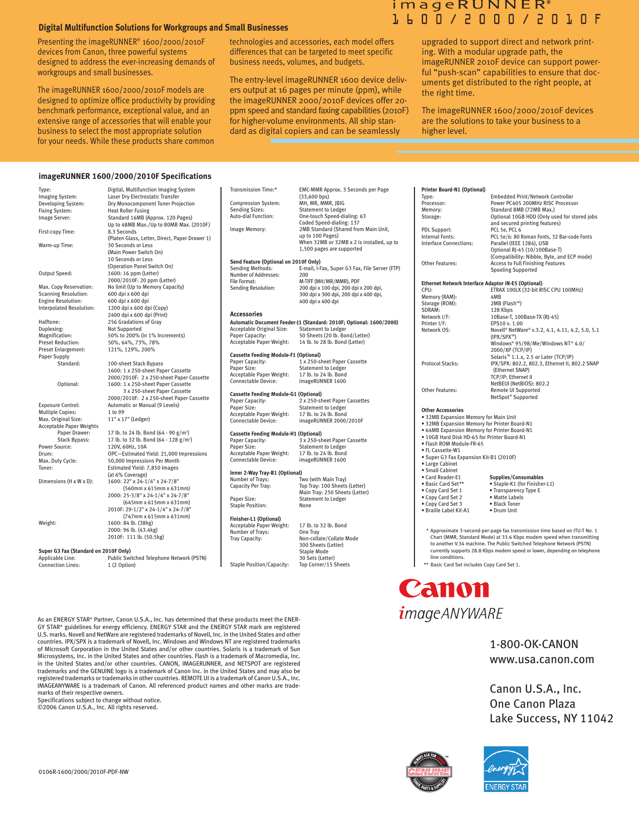 Page 2 of 2 - Canon Canon-Imagerunner-2000-Specification-Sheet- IR Series Spec.R1  Canon-imagerunner-2000-specification-sheet