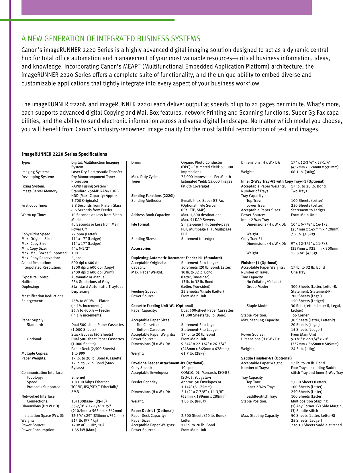 Page 2 of 4 - Canon Canon-Imagerunner-2220I-Specification-Sheet- IR 2220 Spec Sheet PDF.mech  Canon-imagerunner-2220i-specification-sheet