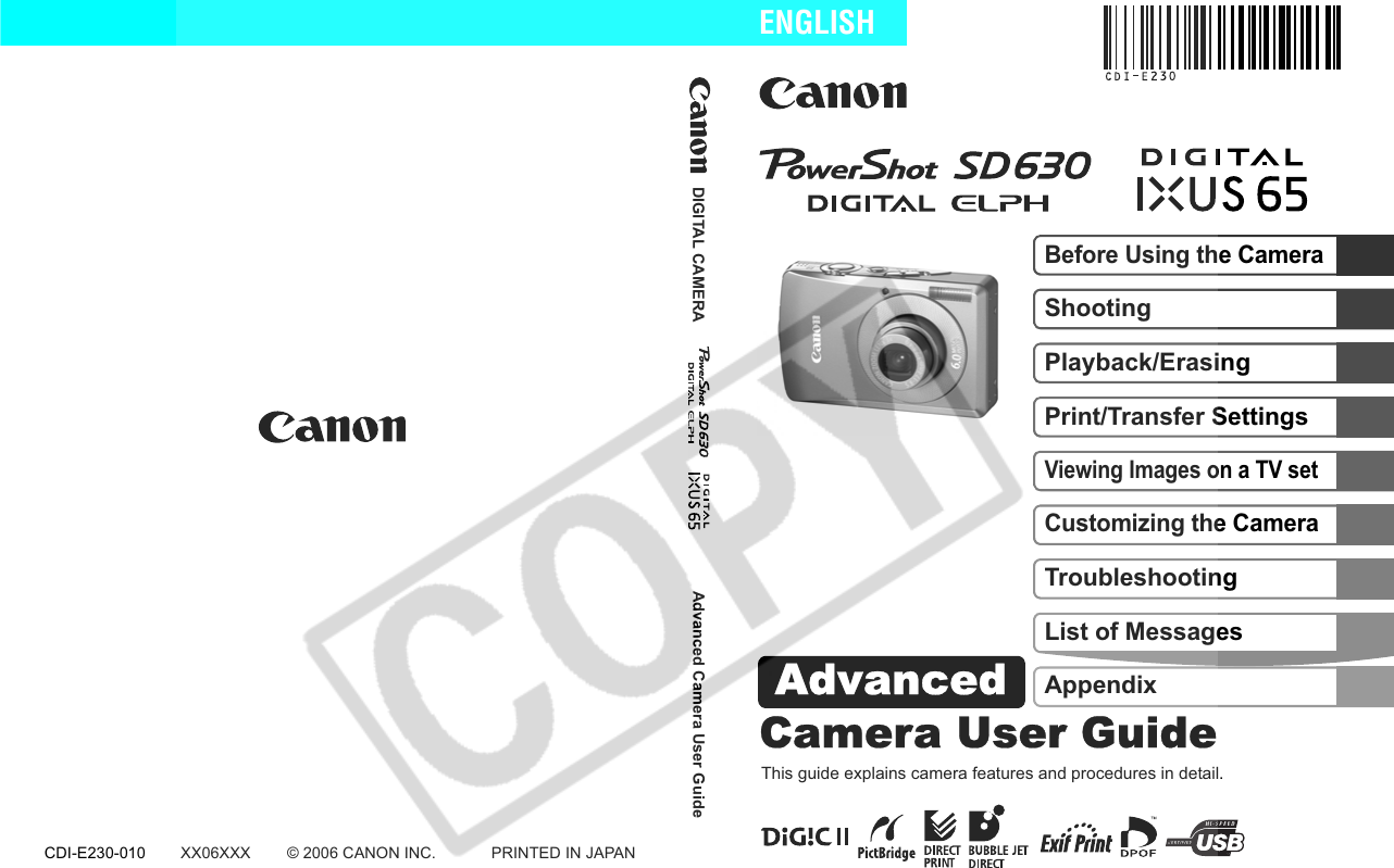 Canon Ixus 65 Users Manual EC180 CUGBook(Basic Advanced)