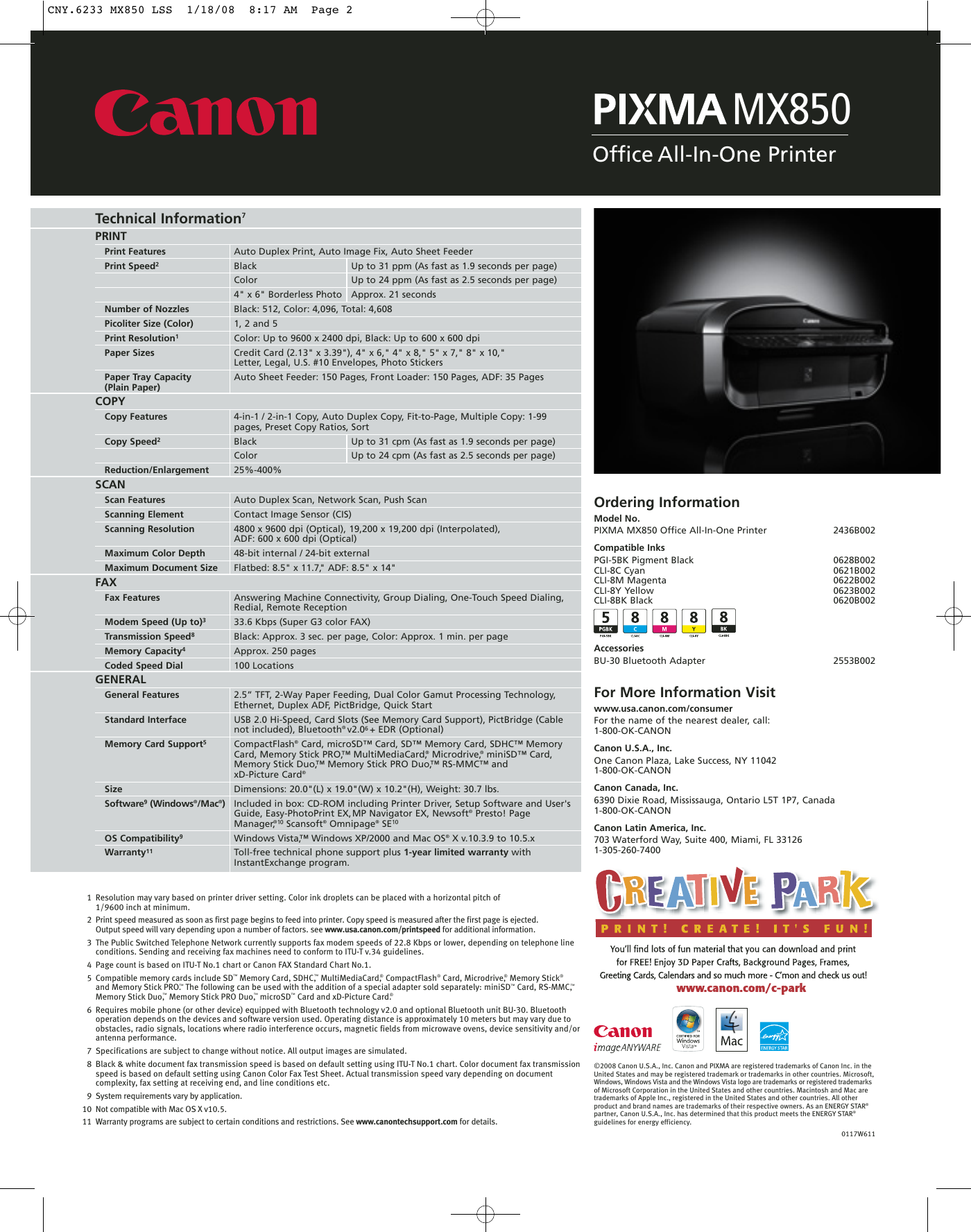 Canon Pixma Mx850 Multifunction Brochure Lss