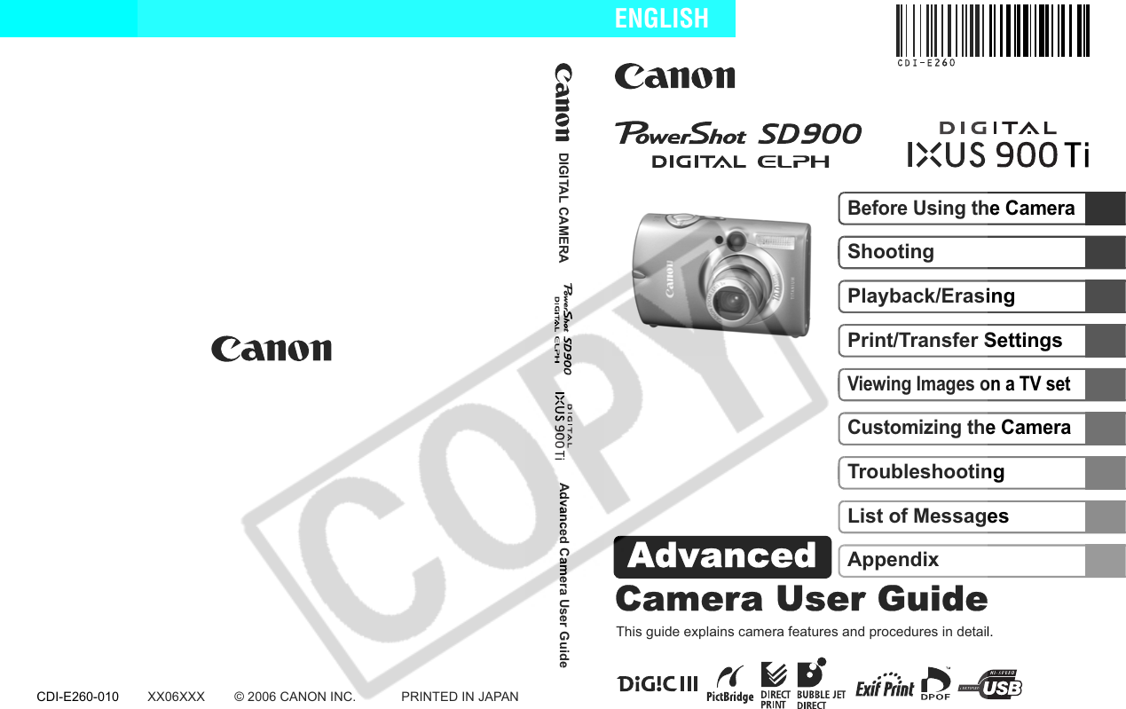 Canon Powershot Sd900 Users Manual EC189 CUGBook(Basic Advanced)