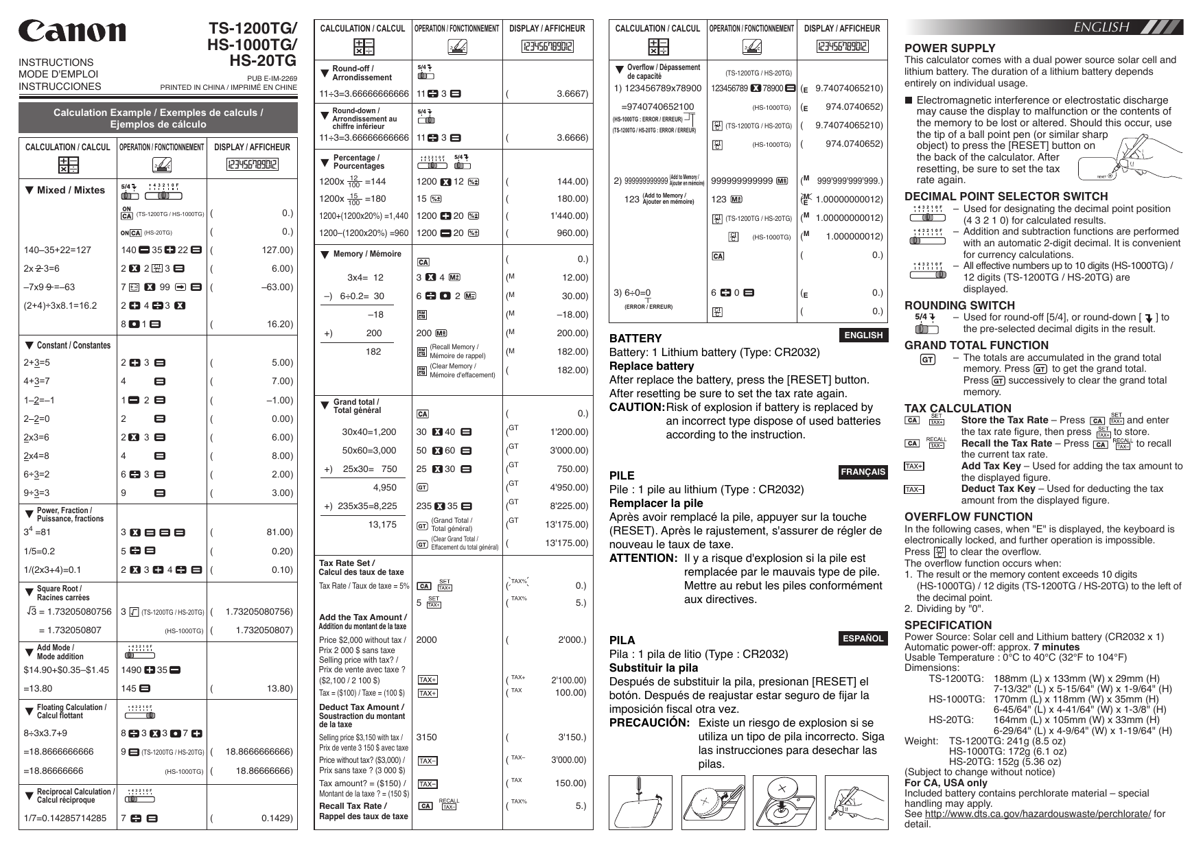 Page 1 of 2 - Canon Canon-Ts-1200Tg-Owner-S-Manual TS-1200TG/HS-1000TG/HS-20TG Front