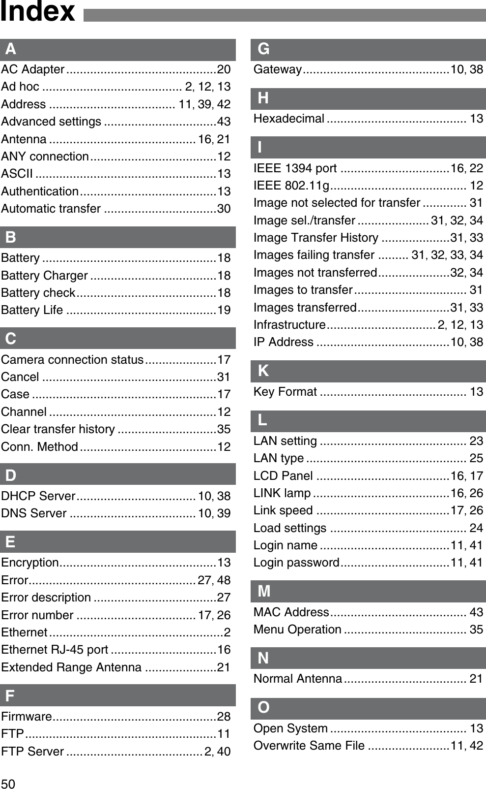 50AAC Adapter ............................................20Ad hoc ......................................... 2,12,13Address ..................................... 11,39,42Advanced settings .................................43Antenna ........................................... 16,21ANY connection.....................................12ASCII .....................................................13Authentication........................................13Automatic transfer .................................30BBattery ...................................................18Battery Charger .....................................18Battery check.........................................18Battery Life ............................................19CCamera connection status.....................17Cancel ...................................................31Case ......................................................17Channel .................................................12Clear transfer history .............................35Conn. Method ........................................12DDHCP Server................................... 10,38DNS Server ..................................... 10,39EEncryption..............................................13Error................................................. 27,48Error description ....................................27Error number ................................... 17,26Ethernet ...................................................2Ethernet RJ-45 port ...............................16Extended Range Antenna .....................21FFirmware................................................28FTP........................................................11FTP Server ........................................ 2,40GGateway...........................................10,38HHexadecimal ......................................... 13IIEEE 1394 port ................................16,22IEEE 802.11g........................................ 12Image not selected for transfer ............. 31Image sel./transfer ..................... 31,32,34Image Transfer History ....................31,33Images failing transfer ......... 31,32,33,34Images not transferred.....................32,34Images to transfer................................. 31Images transferred...........................31,33Infrastructure................................ 2,12,13IP Address .......................................10,38KKey Format ........................................... 13LLAN setting ........................................... 23LAN type ............................................... 25LCD Panel .......................................16,17LINK lamp ........................................16,26Link speed .......................................17,26Load settings ........................................ 24Login name ......................................11,41Login password................................11,41MMAC Address........................................ 43Menu Operation .................................... 35NNormal Antenna.................................... 21OOpen System ........................................ 13Overwrite Same File ........................11,42Index